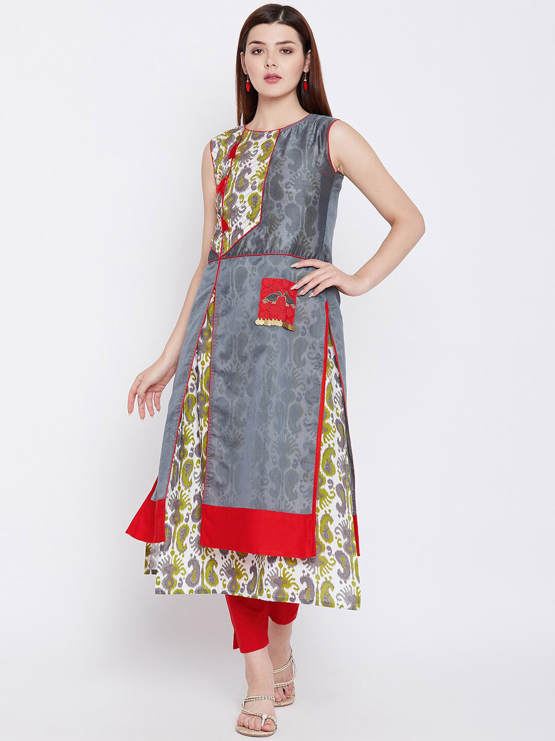 WineRed Women Grey Embroidered Anarkali Kurta