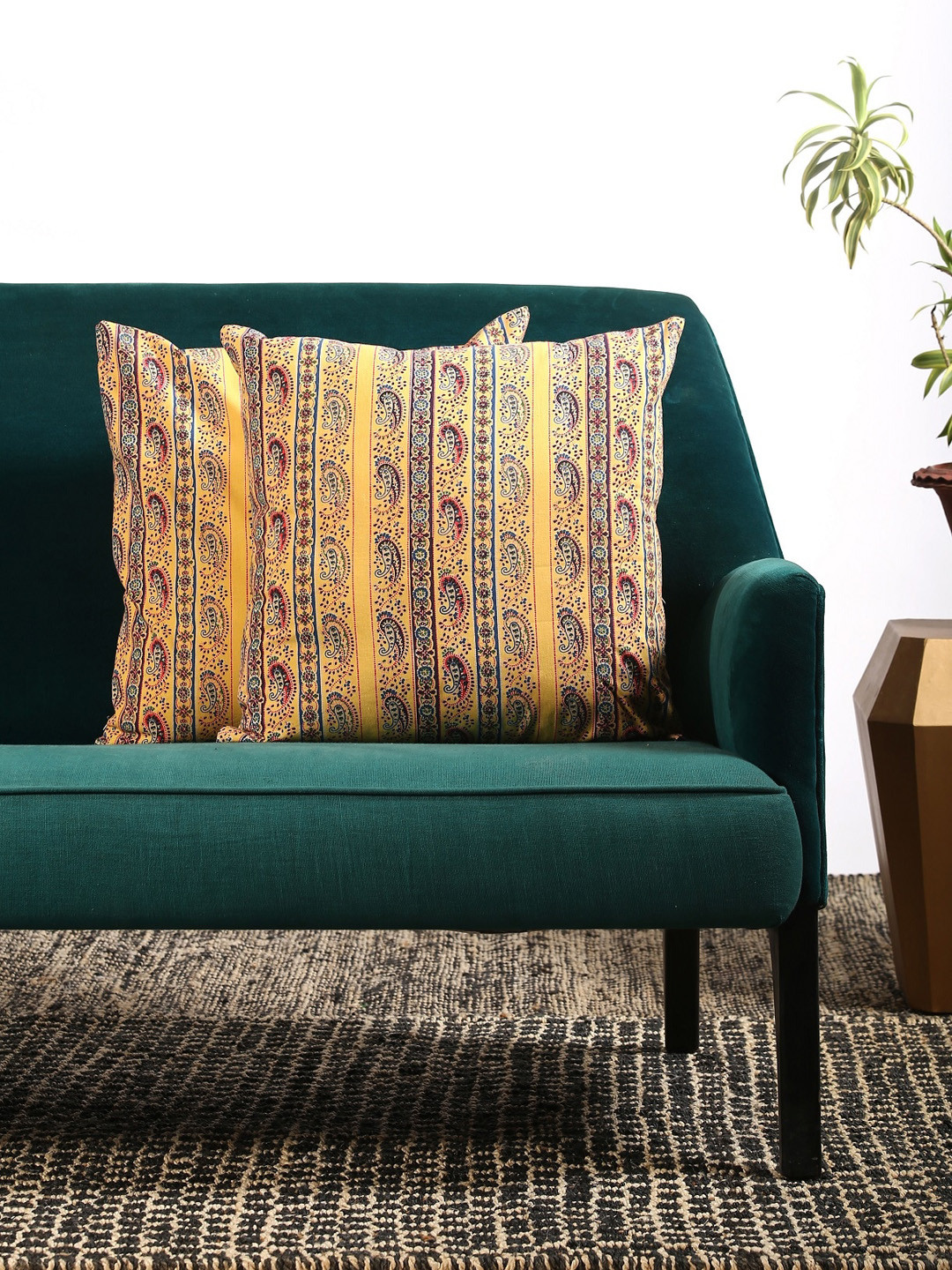 Contrast Living Yellow & Blue Set of 2 Ethnic Motifs Square Cushion Covers
