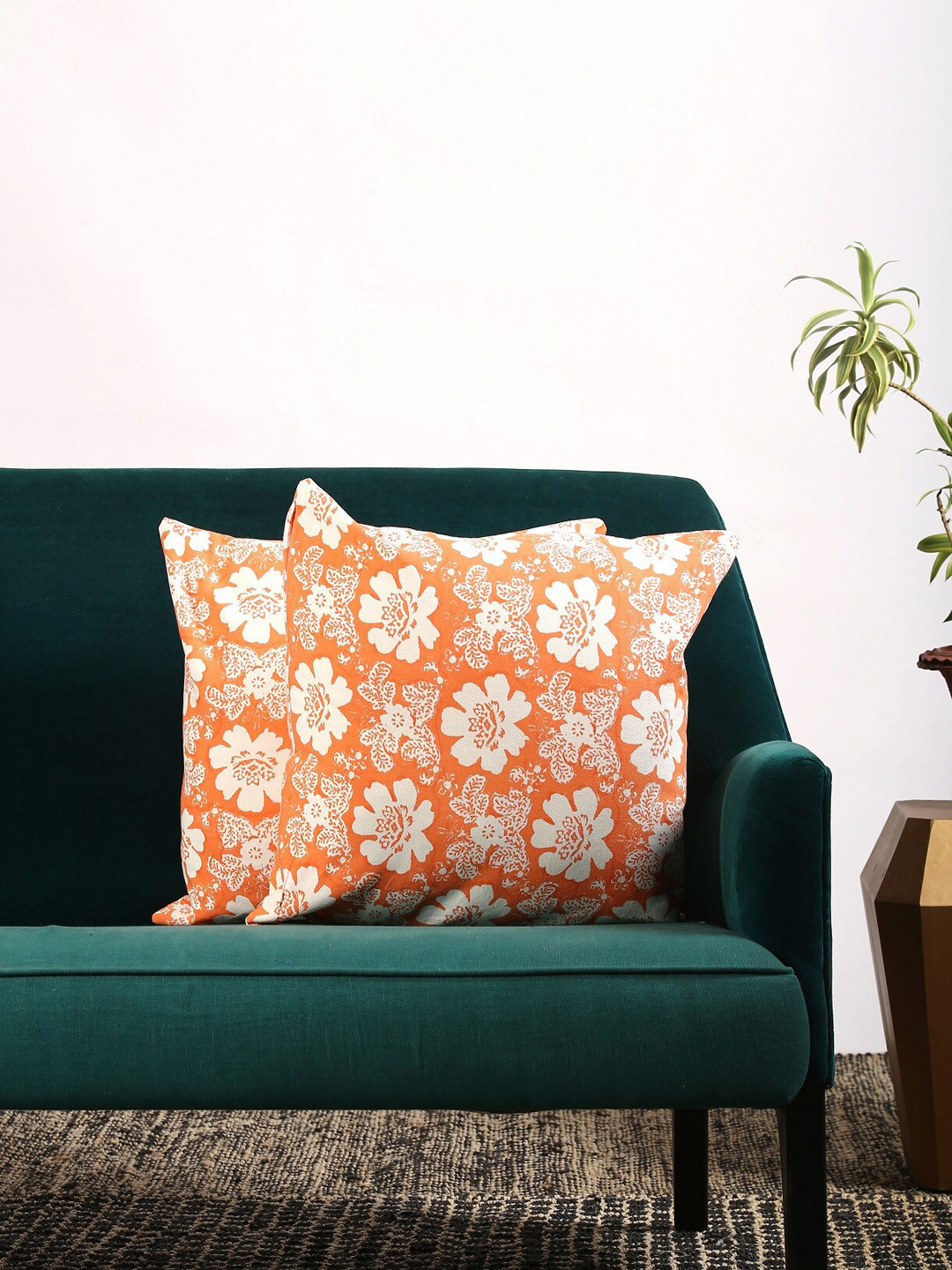 Contrast Living Orange Floral Cotton Breathable 2 Square Cushion Covers -18x18In