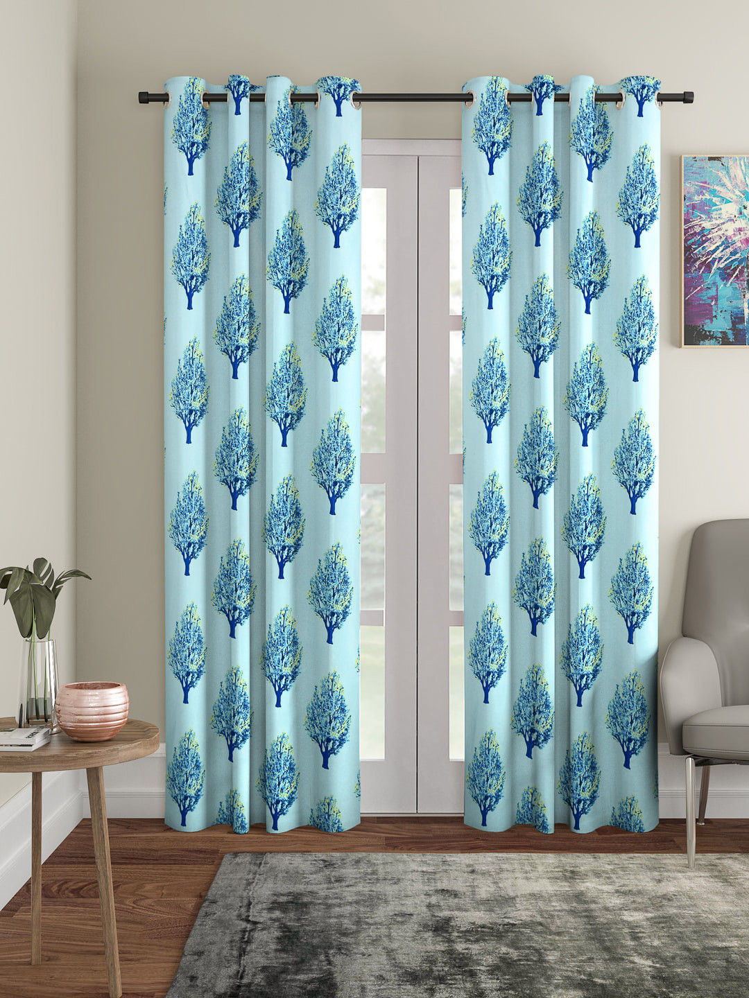 Cortina Set of 2 Light Blue Floral Printed Polyester Door Curtains