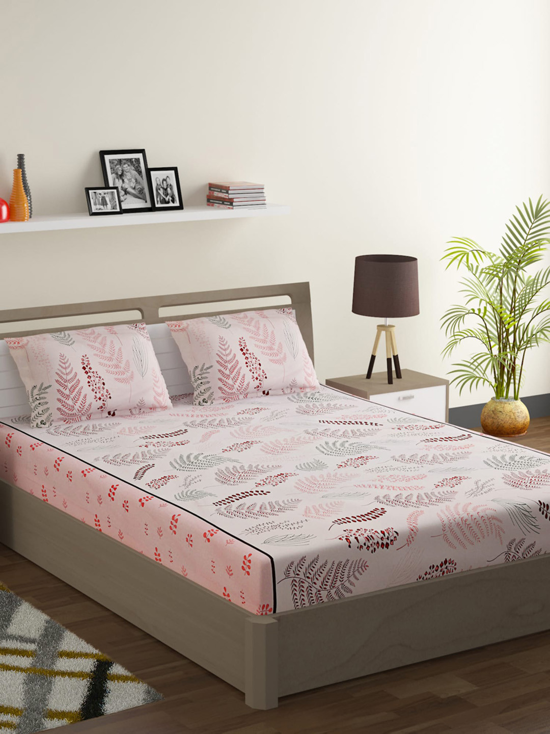 SWAYAM Pink Floral Cotton 144 TC Fitted Queen Bedsheet with 2 Pillow Covers-90 x 108 inches