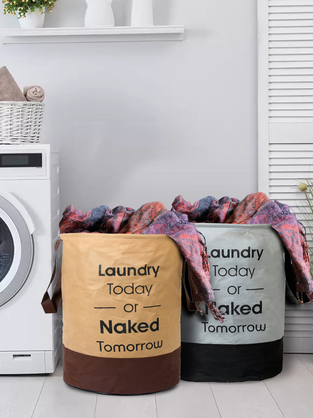 Kuber Industries Set of 2 Brown & Off-White Printed Round Foldable Laundry Basket With Handles 45 L