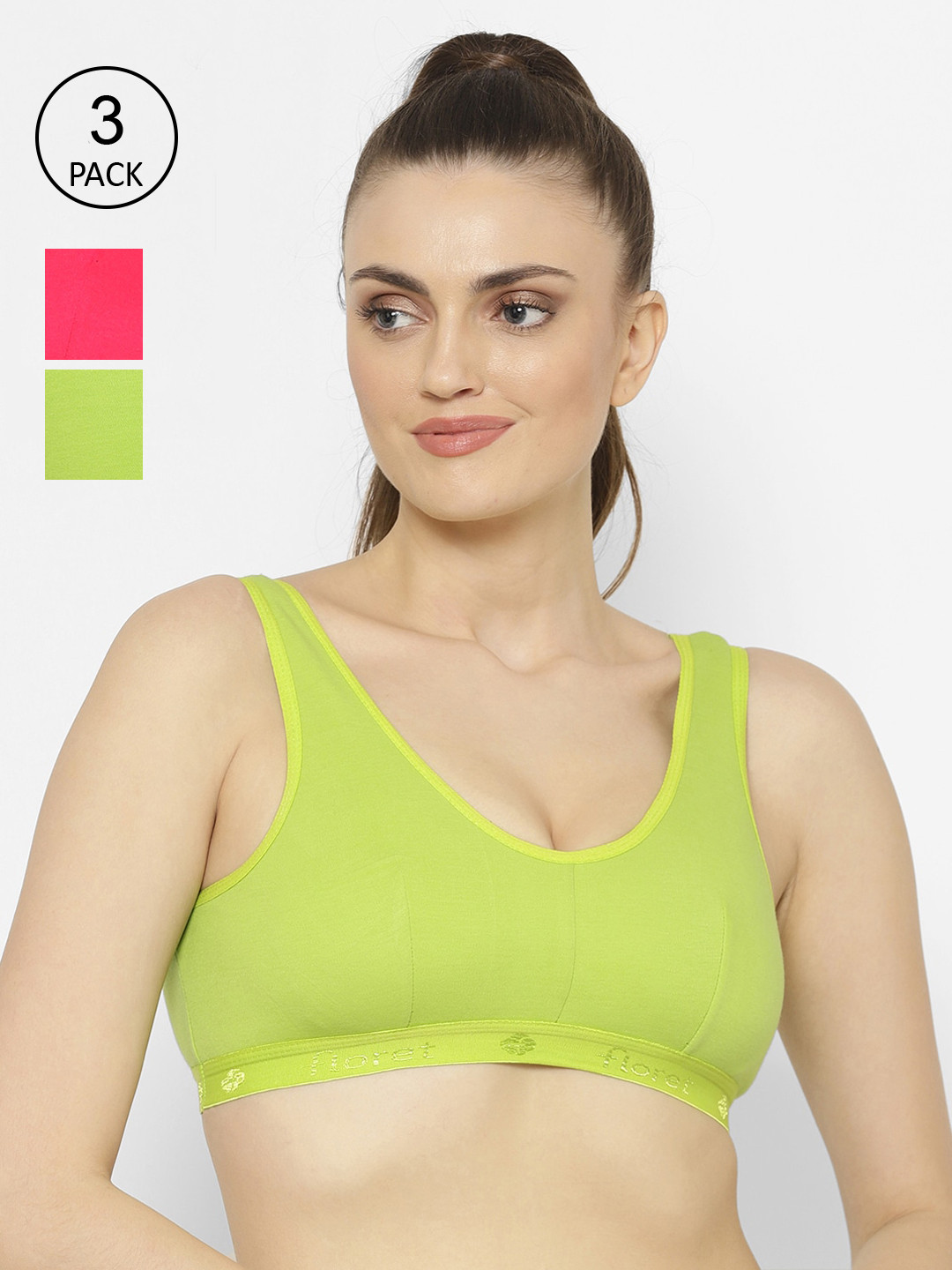 Floret Pack of 3 Non Padded Non-Wired Cotton Full Coverage Slip-On Workout Sports Bra