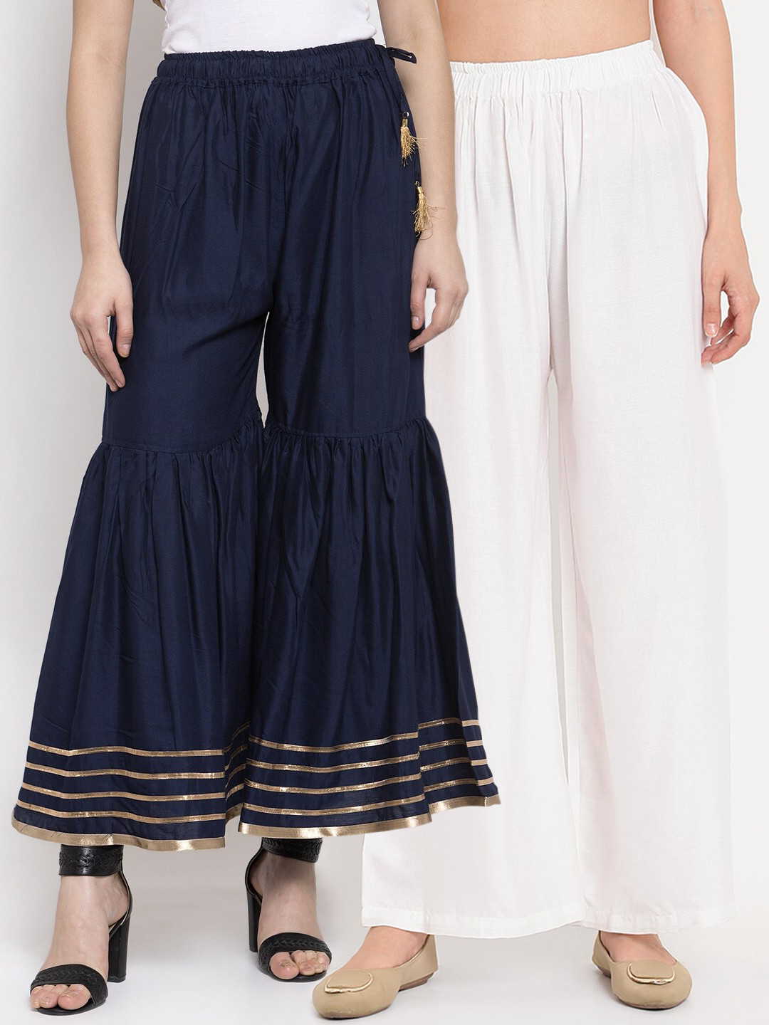 TAG 7 Women Pack of 2 Navy Blue & White Hem Design Flared Palazzos