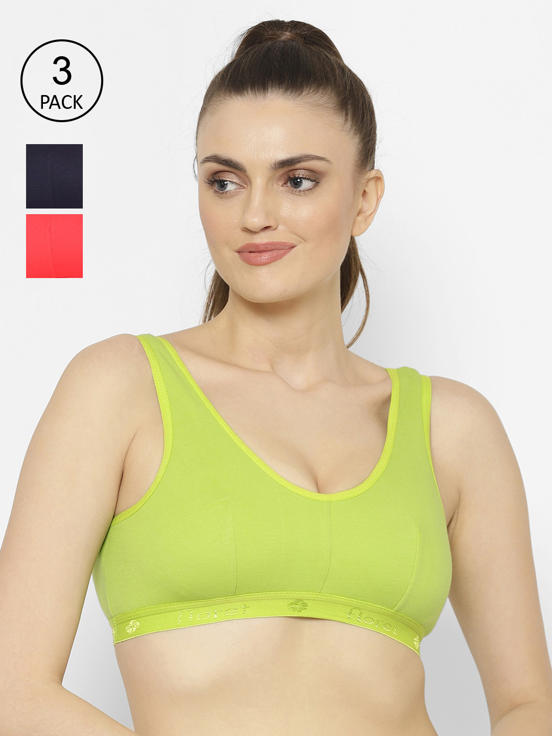 Floret Pack of 3 Non Padded Non-Wired Cotton Full Coverage Slip-On Workout Sports Bra