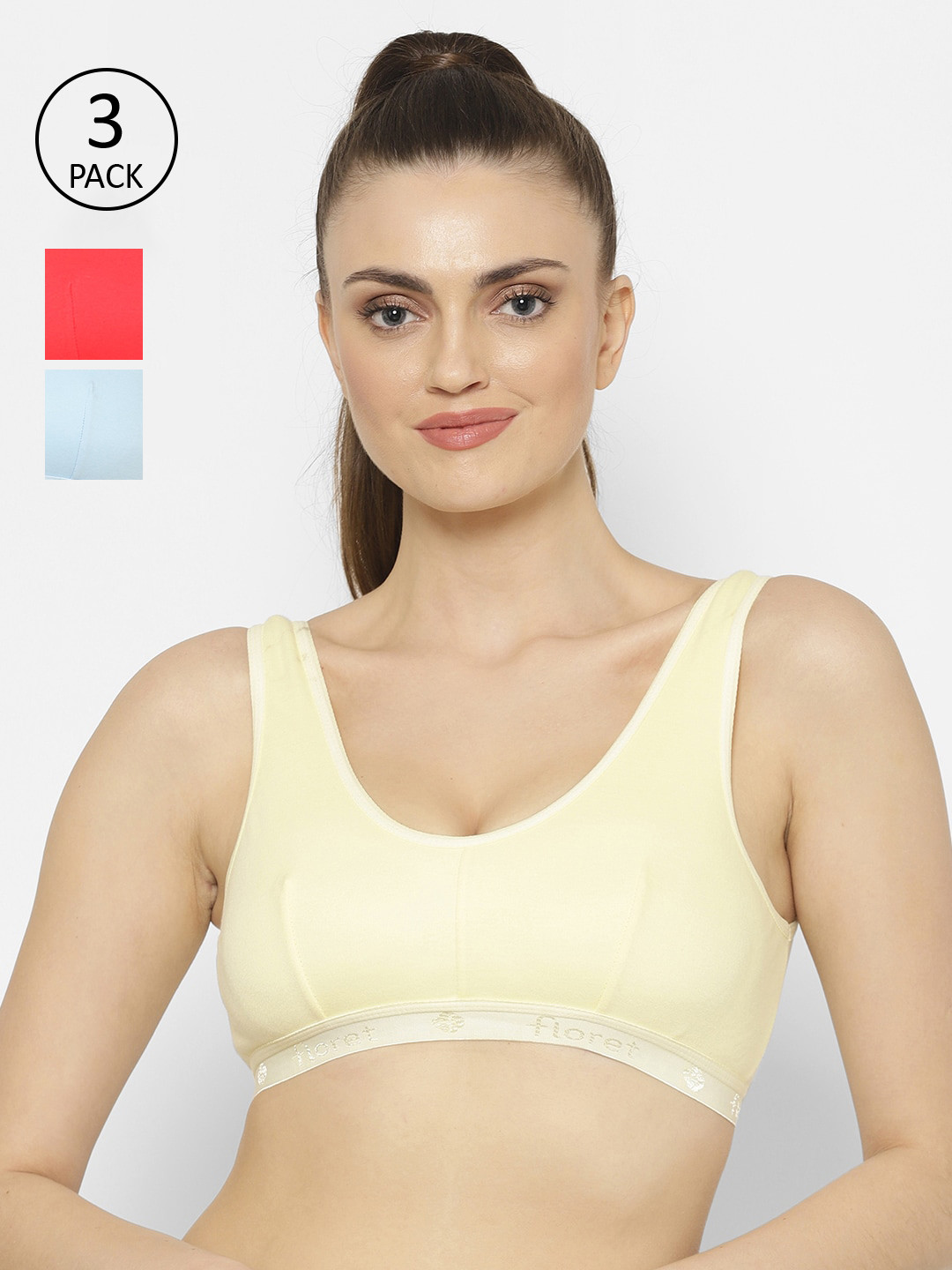 Floret Pack of 3 Non Padded Non-Wired Cotton Full Coverage Slip-On Workout Sports Bra