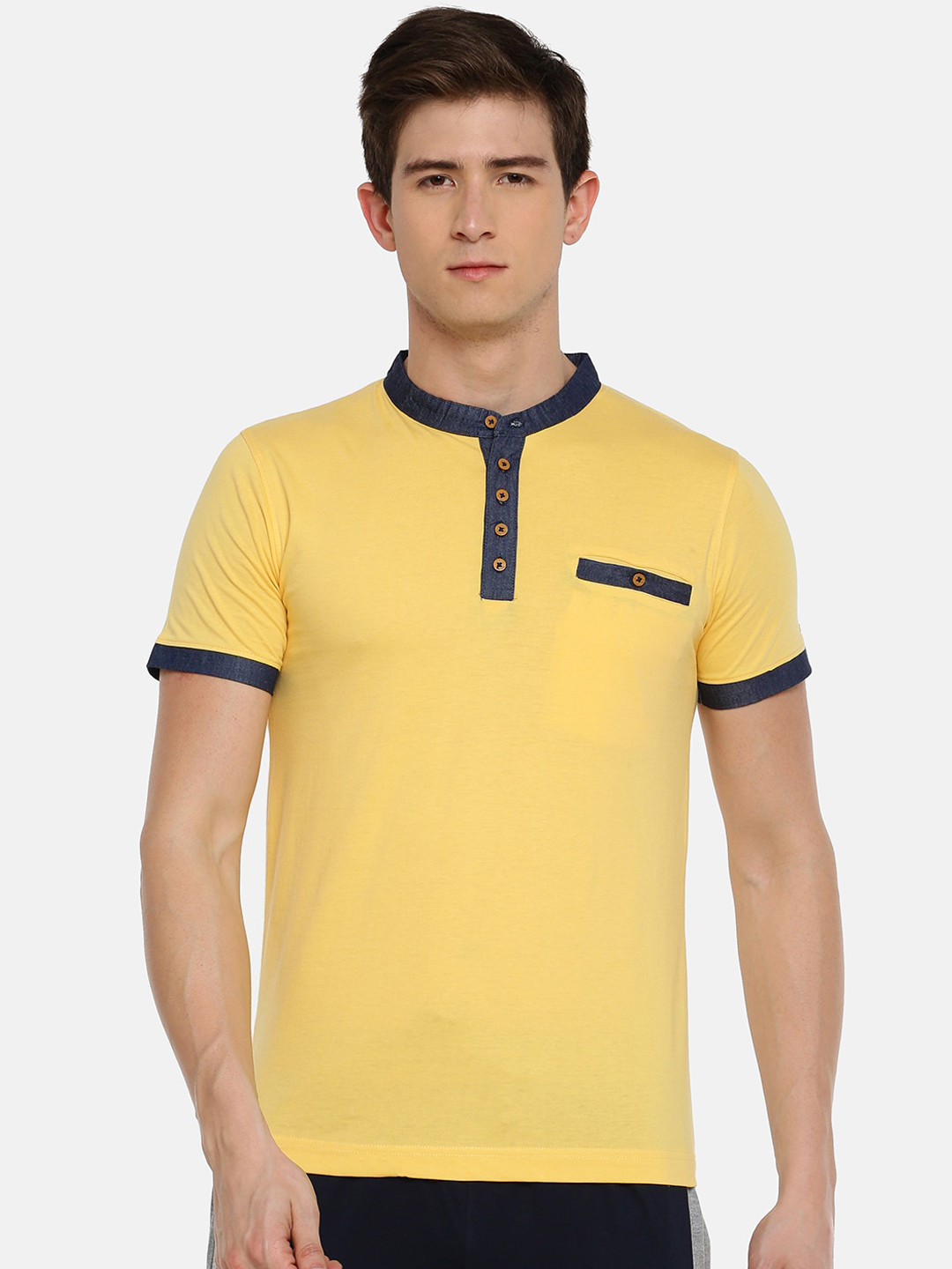 Dollar Men Yellow Solid Mandarin Collar T-shirt