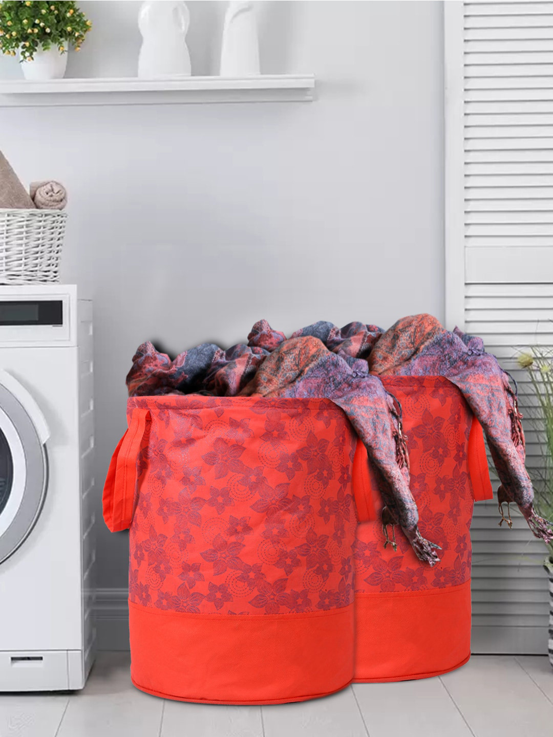 Kuber Industries Set of 2 Red Printed Round Foldable Laundry Baskets With Handles 45 L