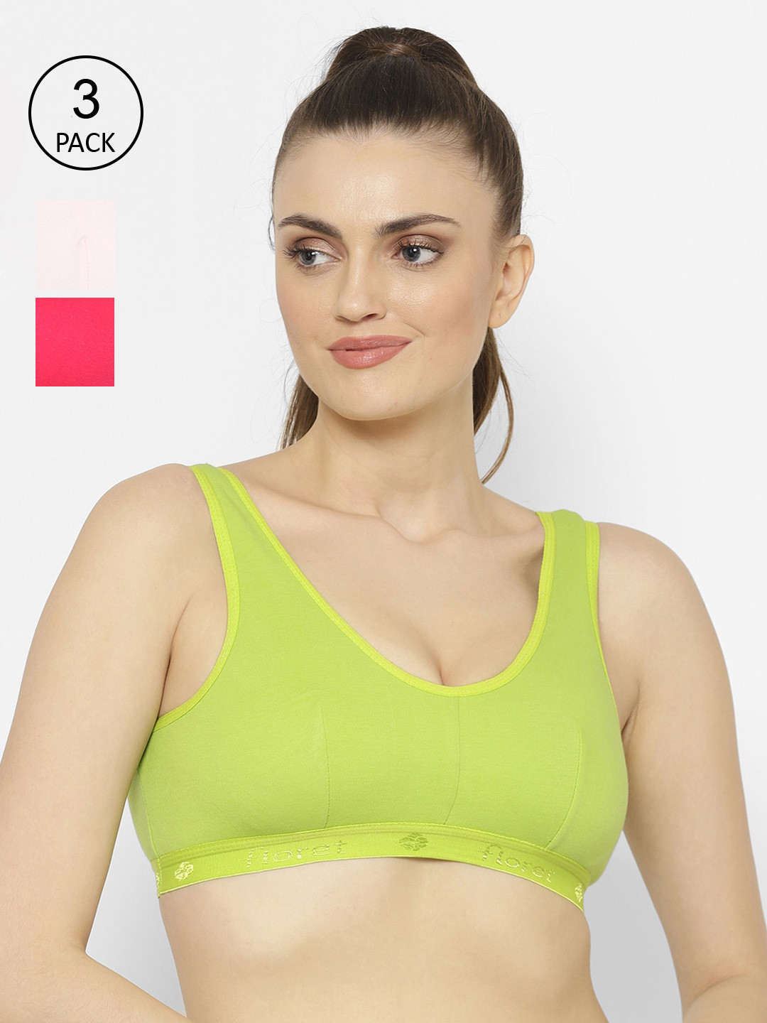 Floret Pack of 3 Non Padded Non-Wired Cotton Full Coverage Slip-On Workout Sports Bra