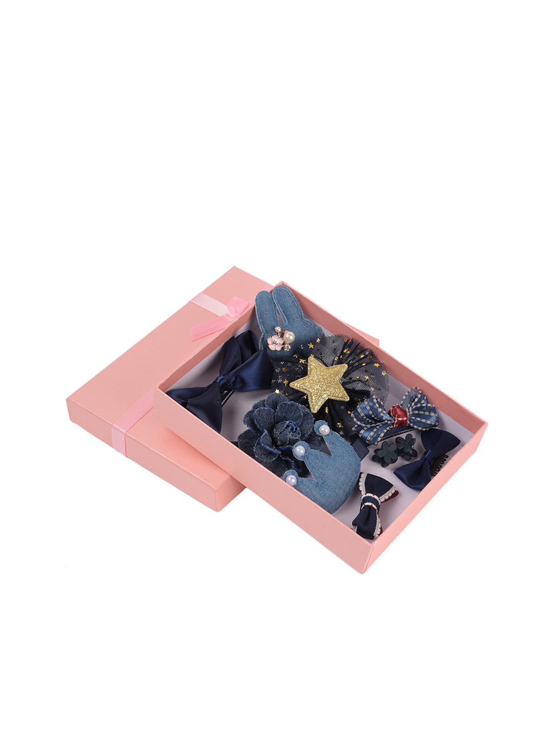 Yellow Bee Girls Set Of 9 Blue & Gold-Toned Embellished Hair Accessories