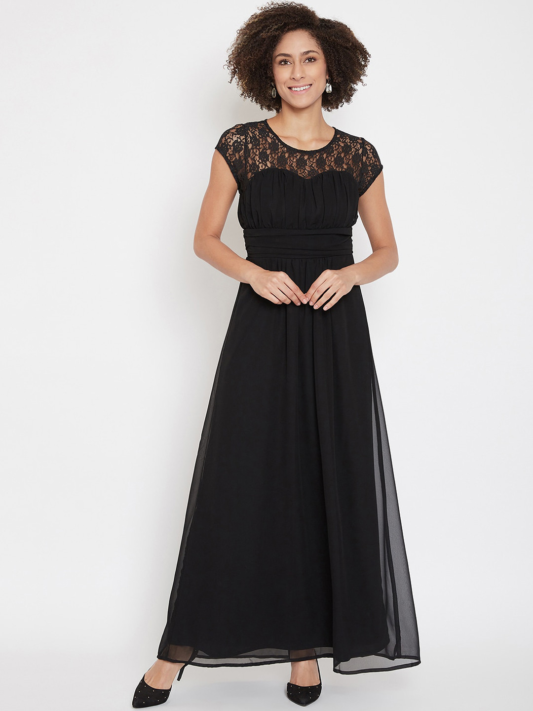 La Zoire Women Black Self Design Maxi Dress with Lace Detailing