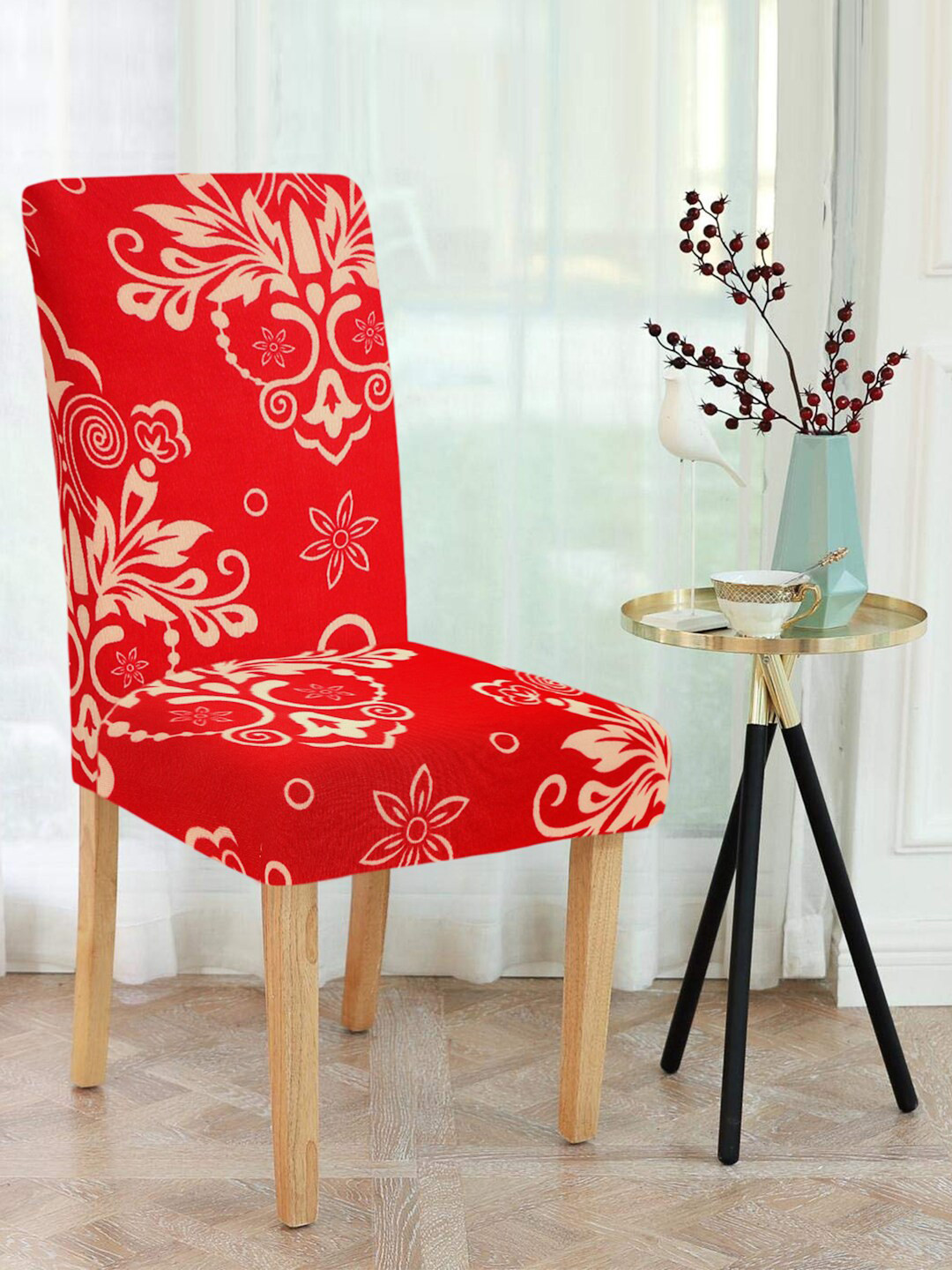 Cortina Set Of 6 Red & Beige Printed Chair Covers