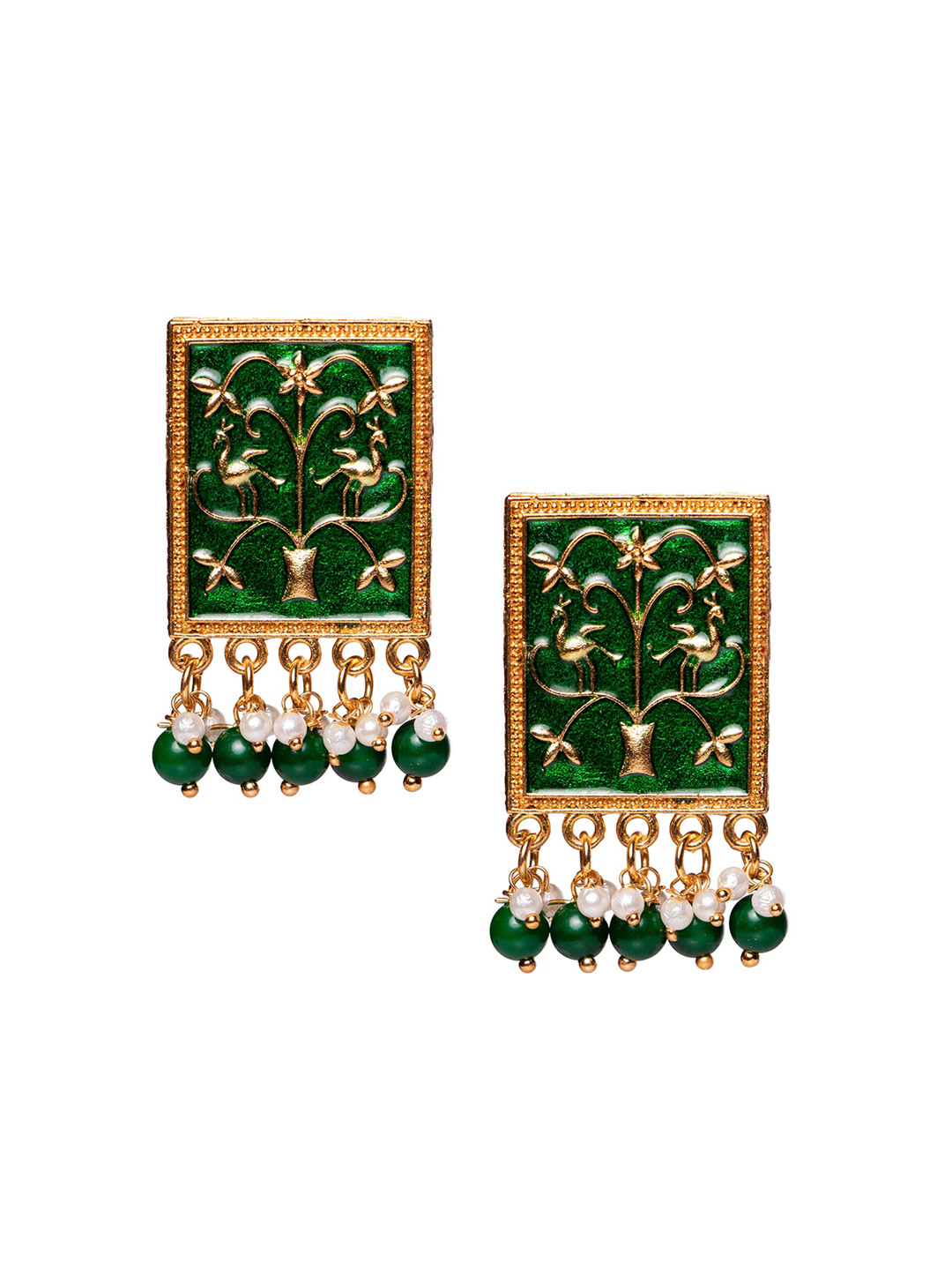 MORKANTH JEWELLERY Green & Gold-Toned Square Studs
