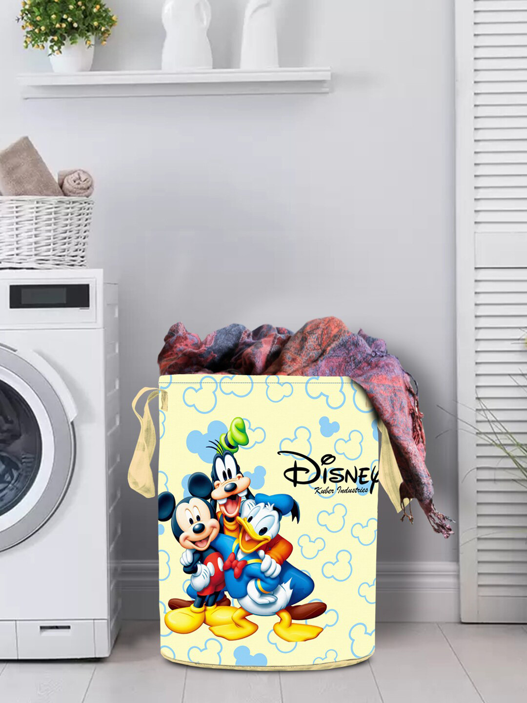 Kuber Industries Cream Coloured & Blue Disney Team Mickey Printed Round Foldable Laundry Basket With Handles 45 Ltr
