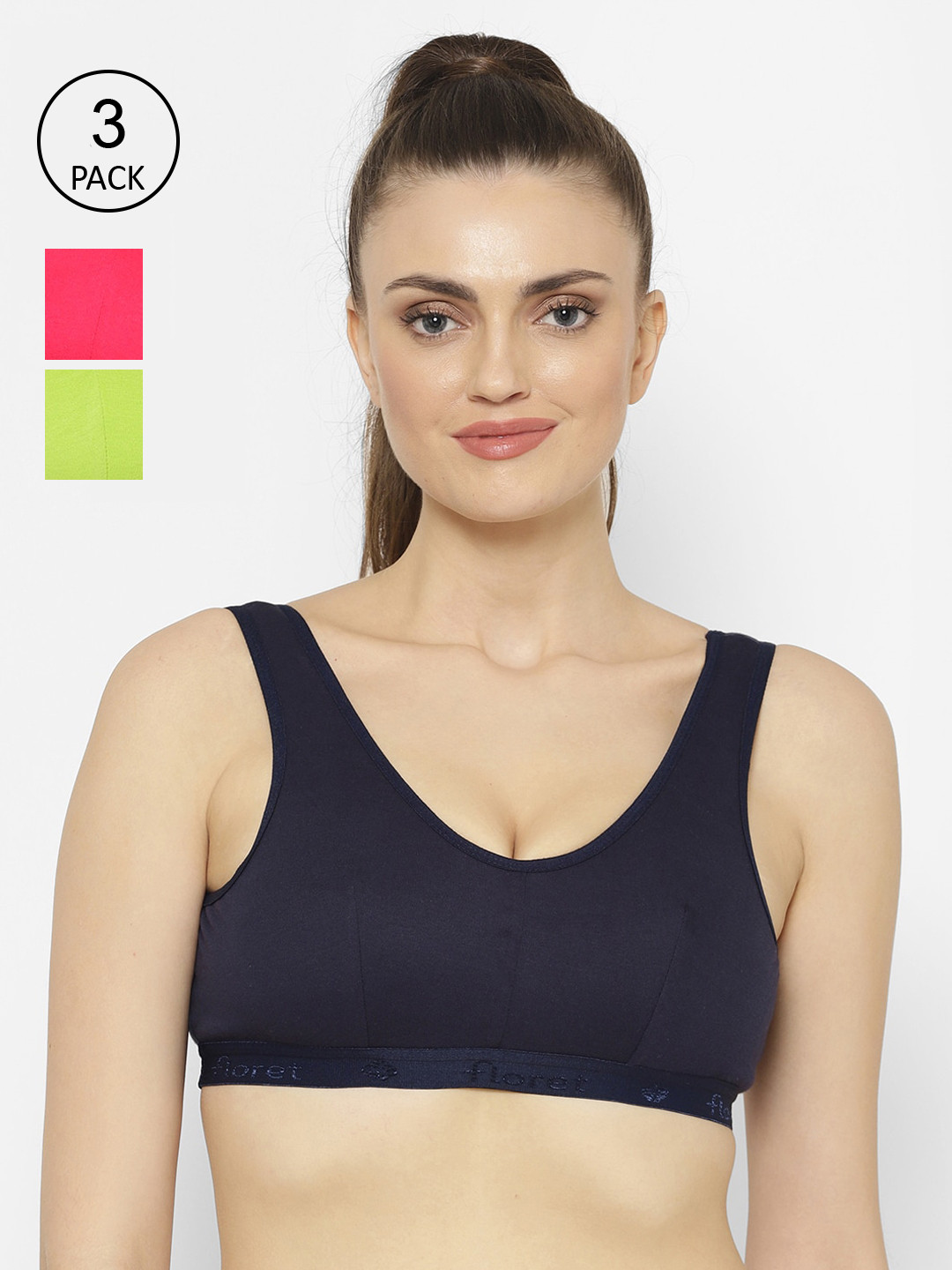 Floret Pack of 3 Non Padded Non-Wired Cotton Full Coverage Slip-On Workout Sports Bra