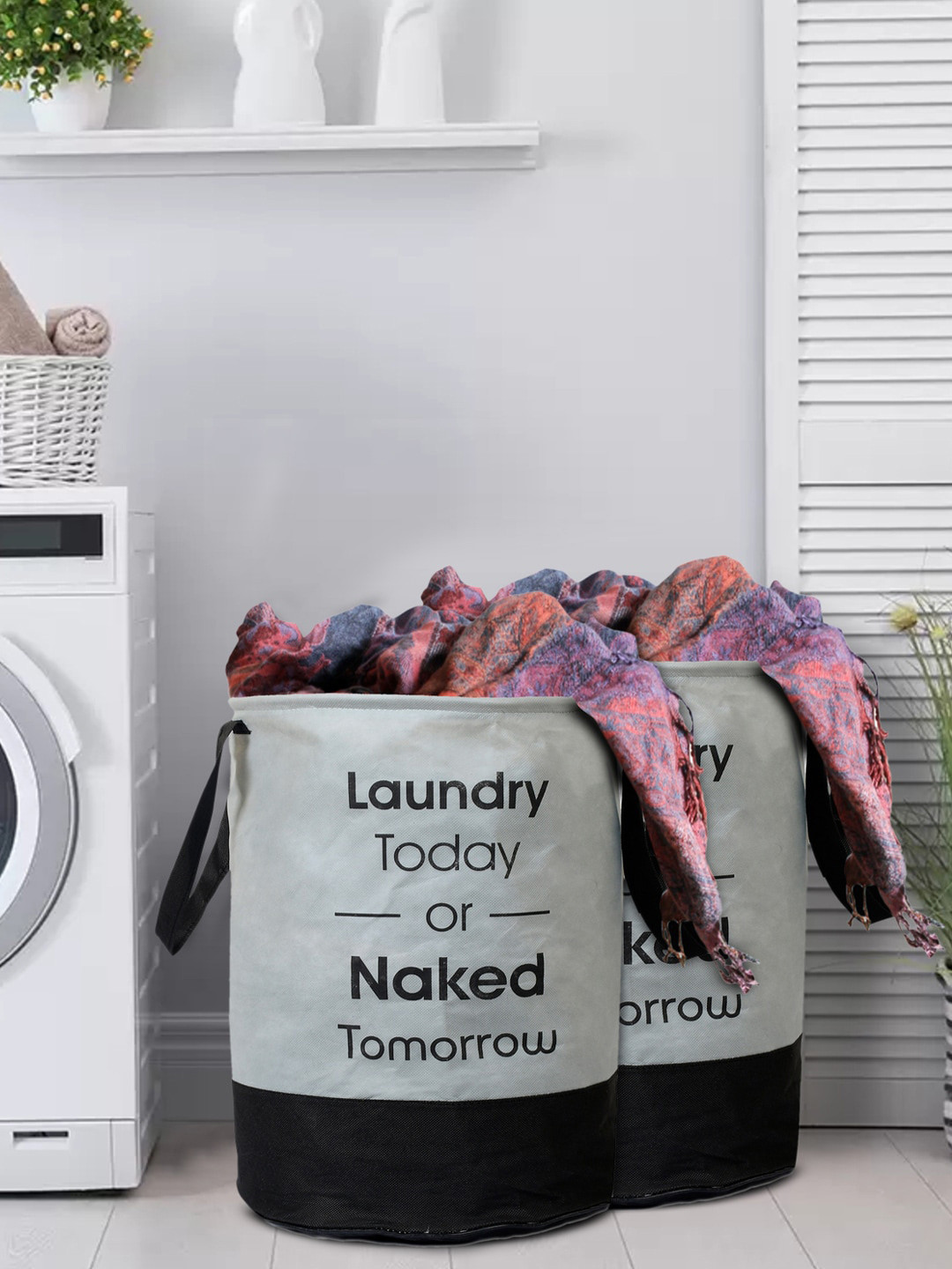 Kuber Industries Set Of 2 Grey & Black Printed Round Foldable Laundry Baskets With Handles