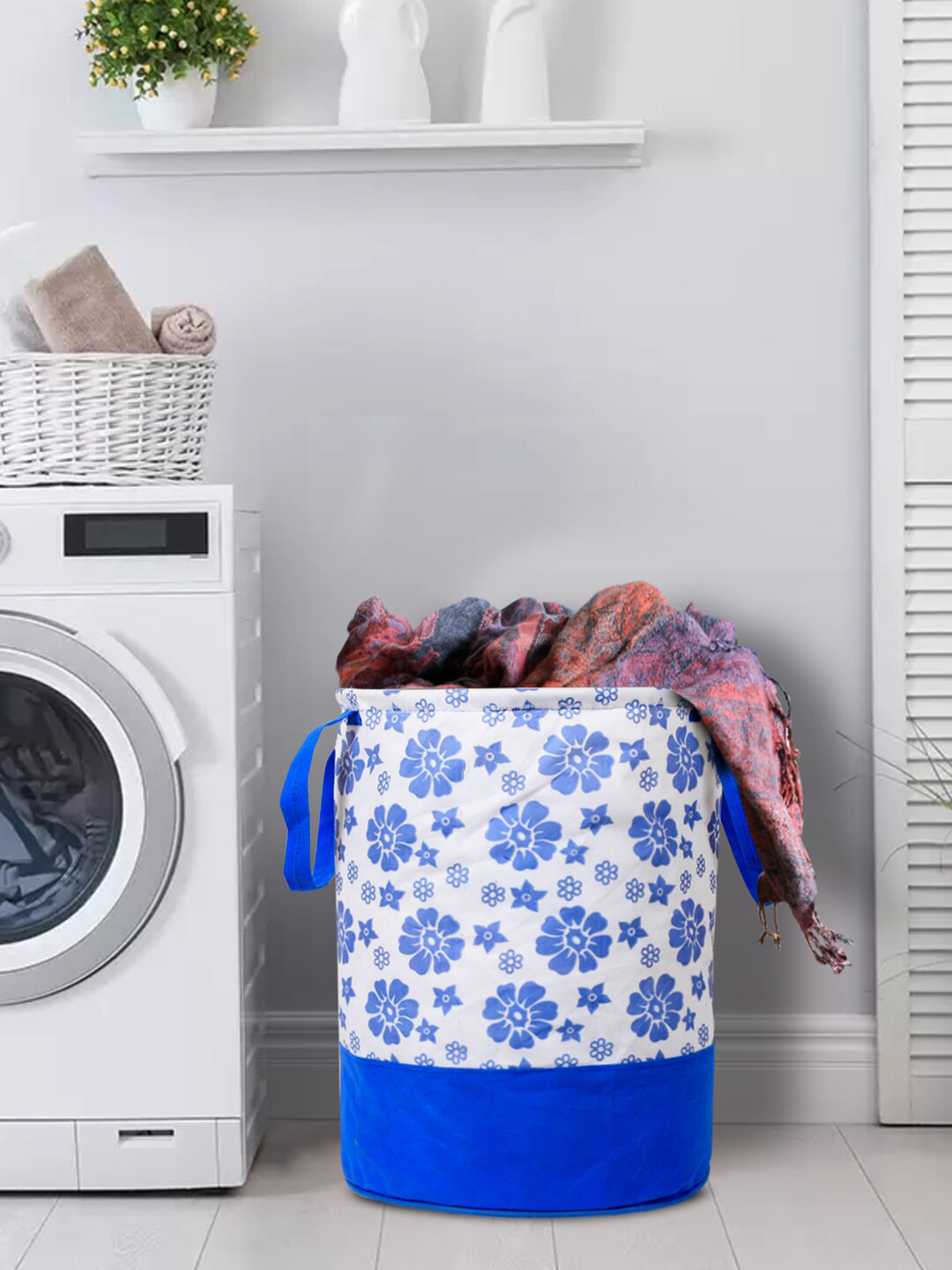 Kuber Industries Blue & White Printed Round Foldable Laundry Basket With Handles