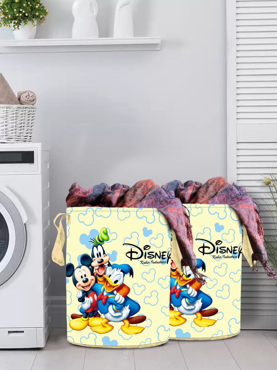 Kuber Industries Set Of 2 Cream-Colored & Blue Disney Team Mickey Print Round Foldable Laundry Baskets With Handles