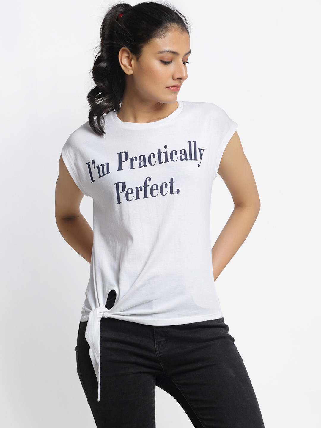 DOOR74 Women White Printed Round Neck T-shirt