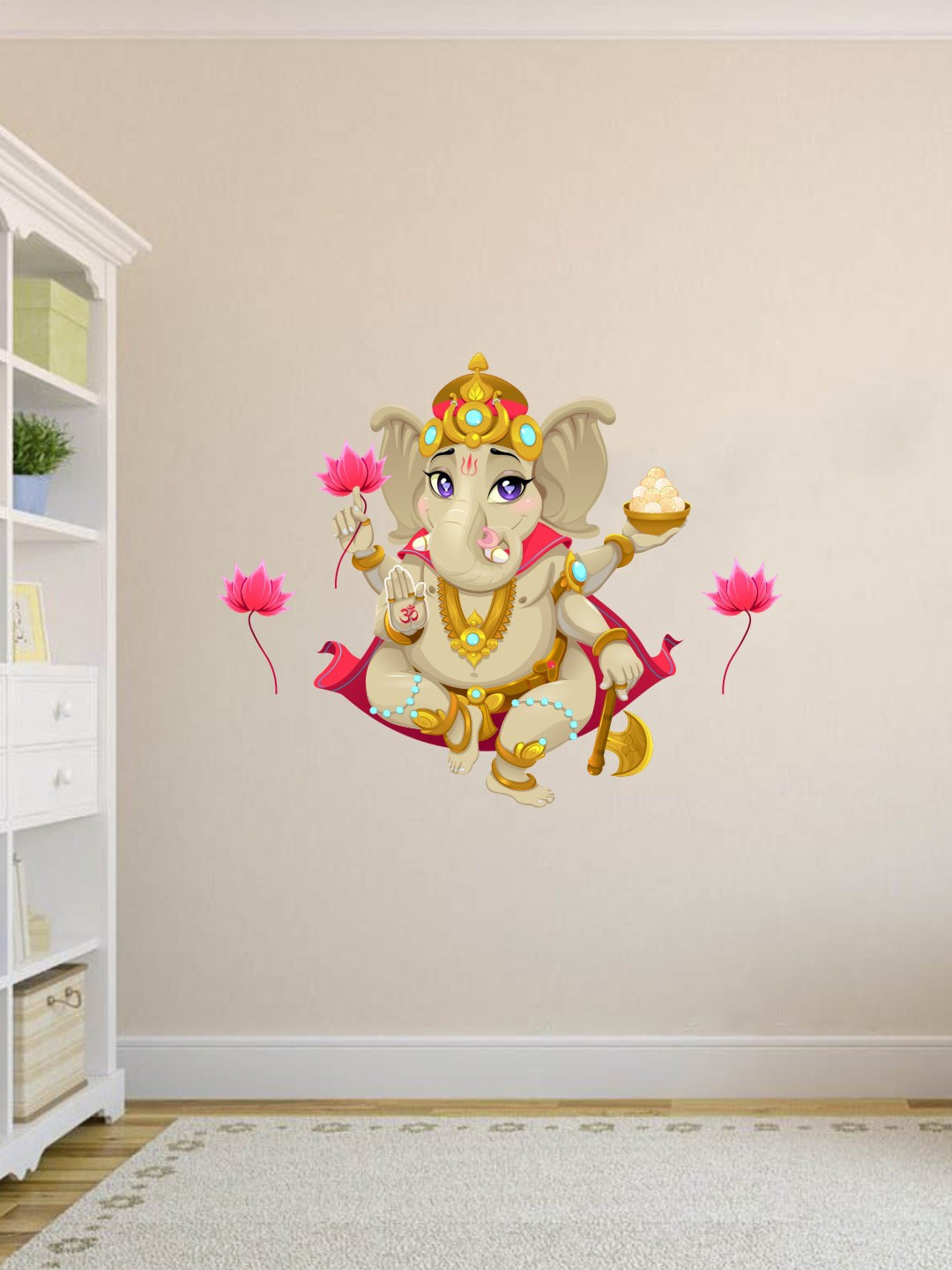 rawpockets Multicolored Lord Ganesha with Lotus Flower Wall Sticker