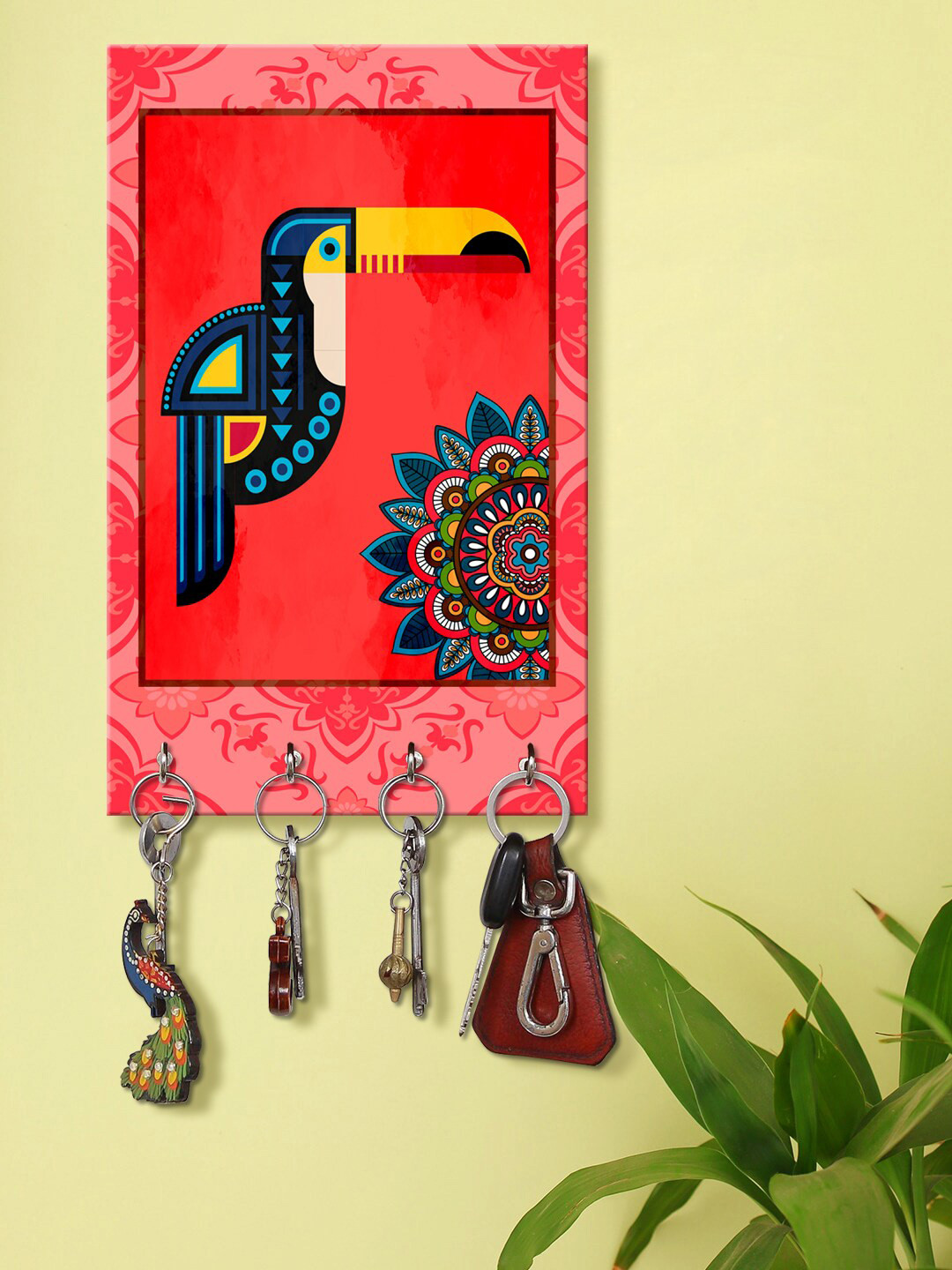 999Store Unisex Red & Blue Decorative Mandala And Parrot Printed Key Holder With 4 Hooks
