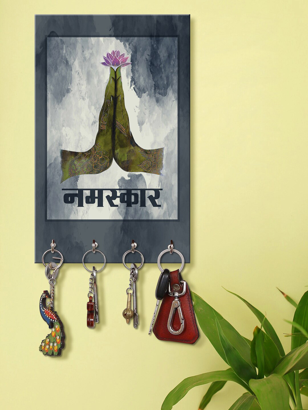 999Store Grey & Green Hand Namaskar Wall Mount Wooden Keyholder