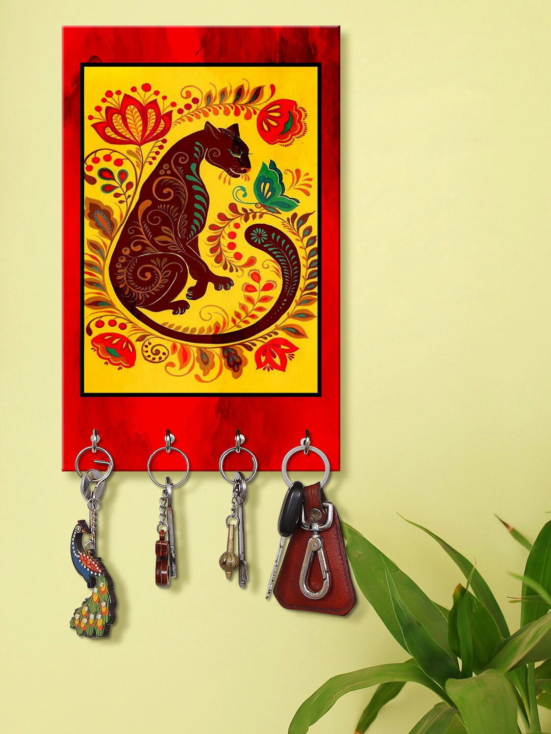 999Store Red & Yellow Decorative BlackJaguar Pattern Keyholder