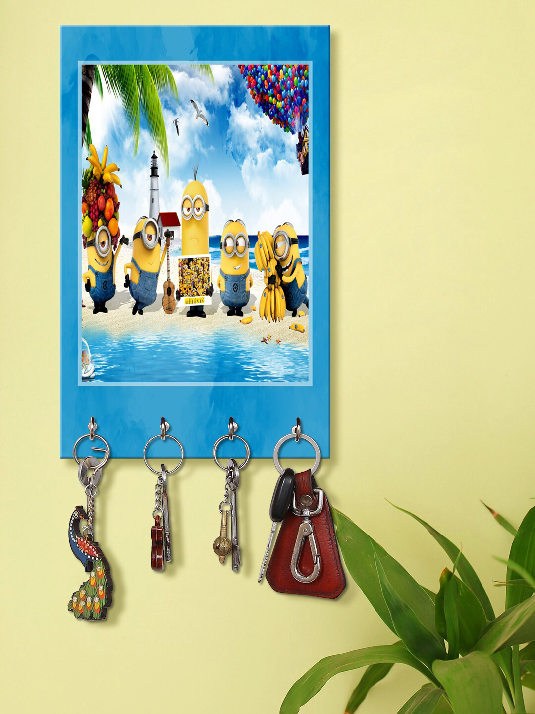 999Store Blue & Yellow Minions Cartoon Printed Key Holder With 4 Hooks
