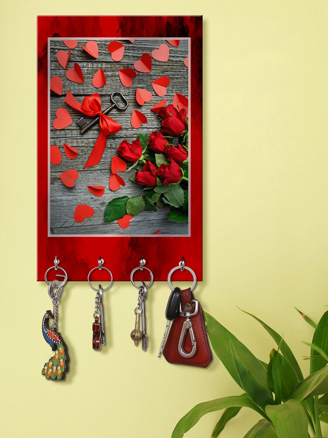 999Store Red & Grey Love Keys Printed Key Holder With 4 Hooks