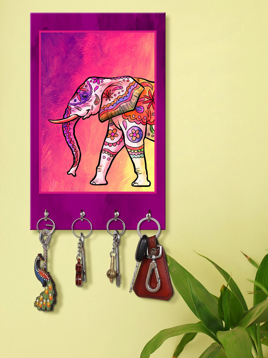 999Store Pink & Yellow Decorative Elephant Printed Key Holder With 4 Hooks