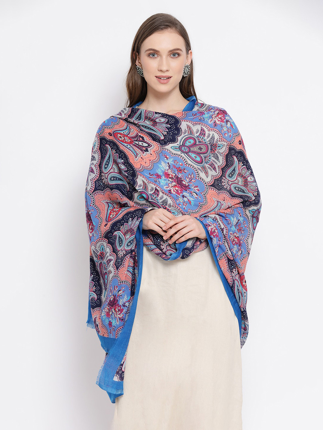 SHINGORA Women Blue & Orange Printed Woolen Shawl