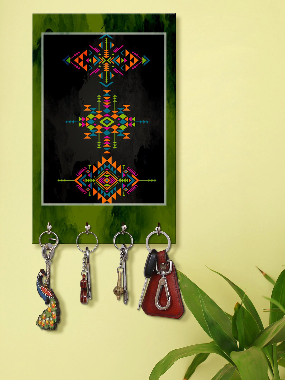 999Store Green & Black Abstract Printed Key Holder With 4 Hooks
