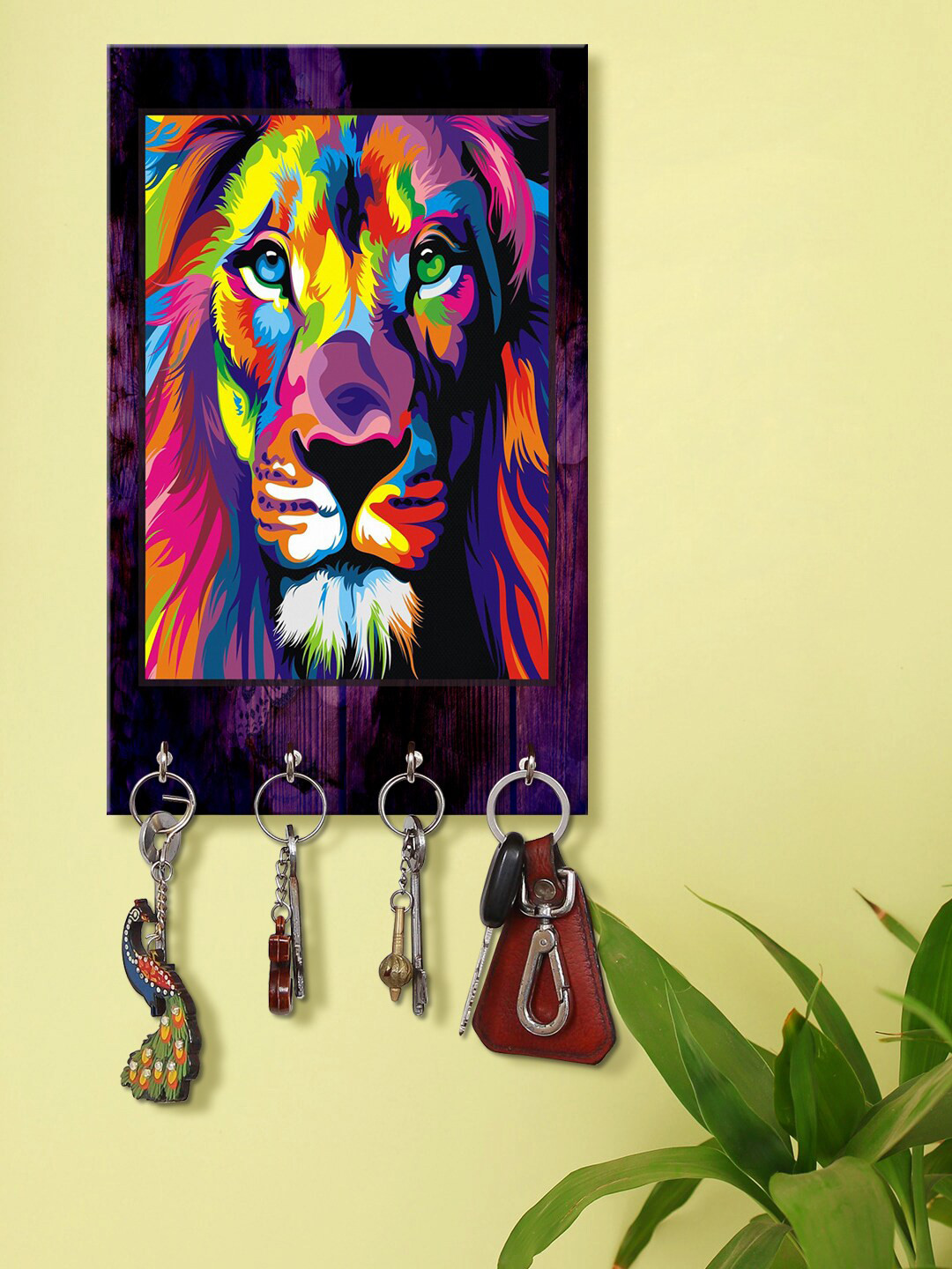 999Store Yellow & Purple Lion Face Printed Wall Hanging Key Holder