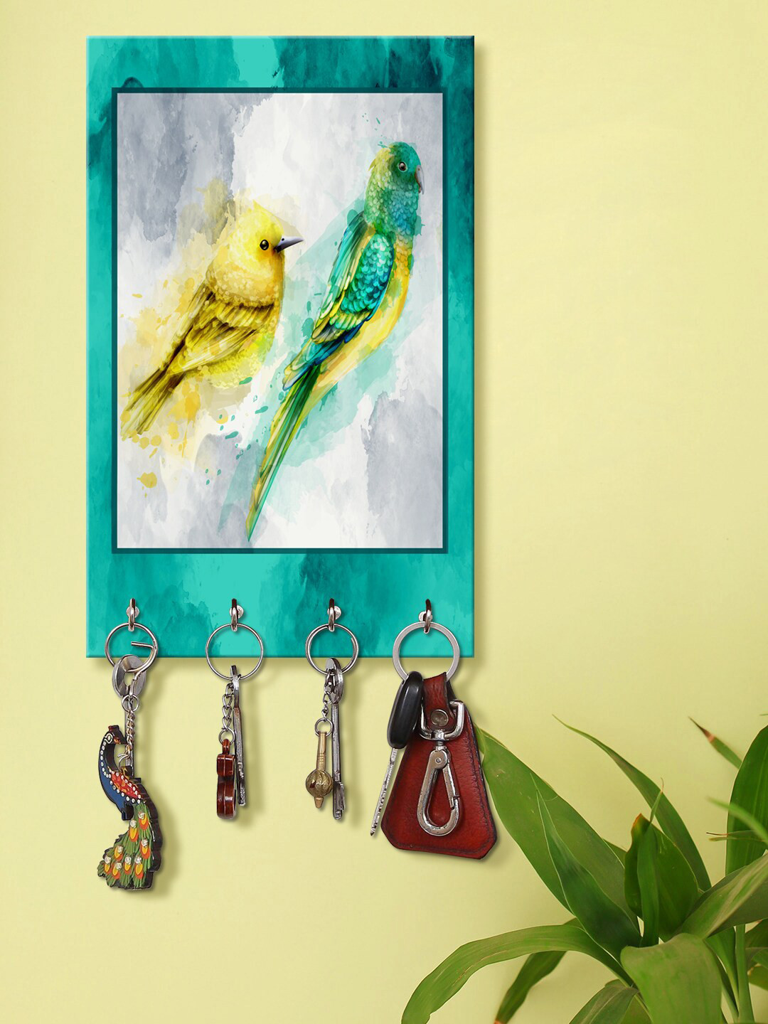 999Store Blue & Yellow Parrot And Sparrow Pattern Wooden Keyholder