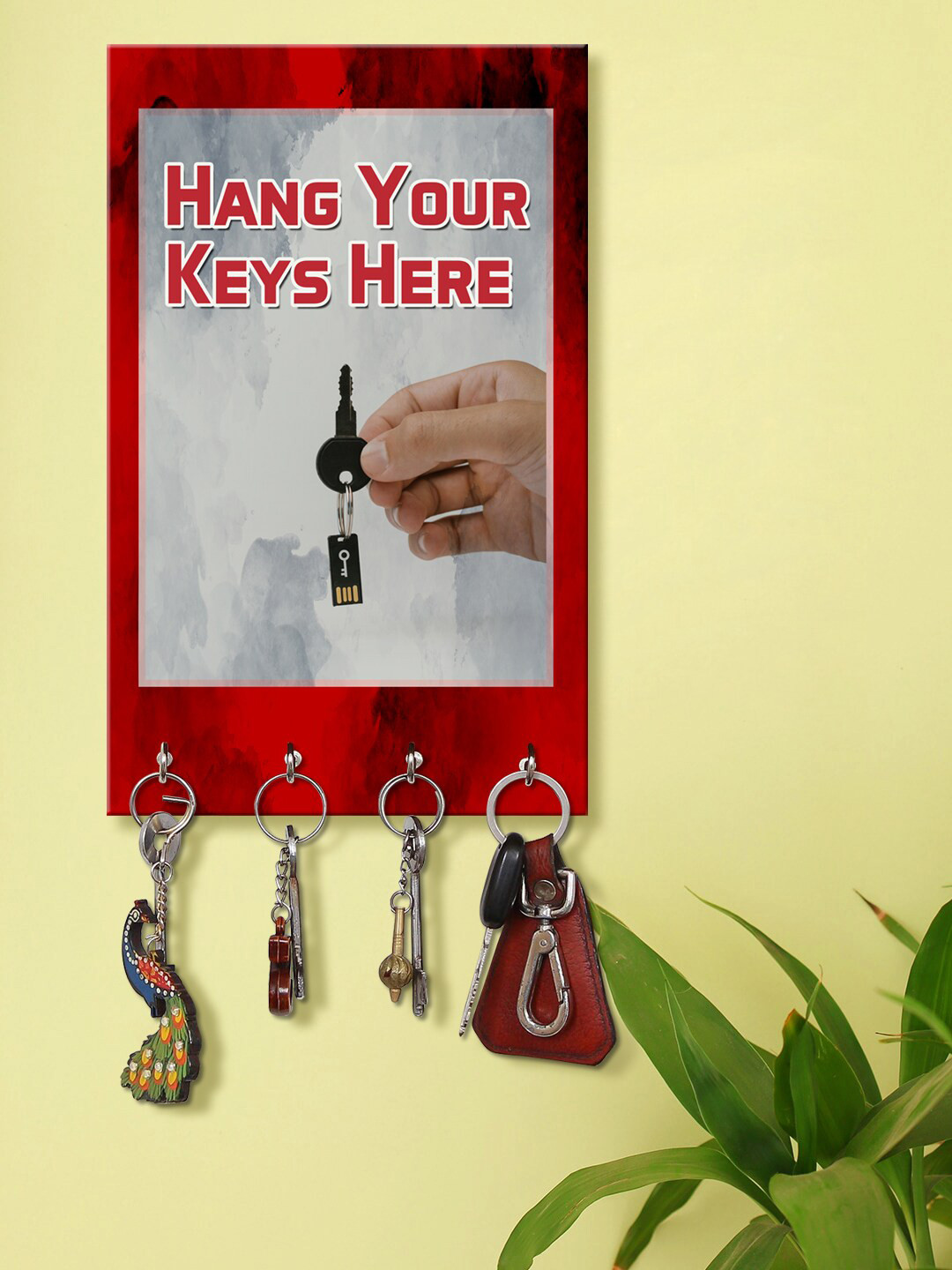 999Store Red & Grey Hang Your Keys Here Printed Wall Hanging Key Holder