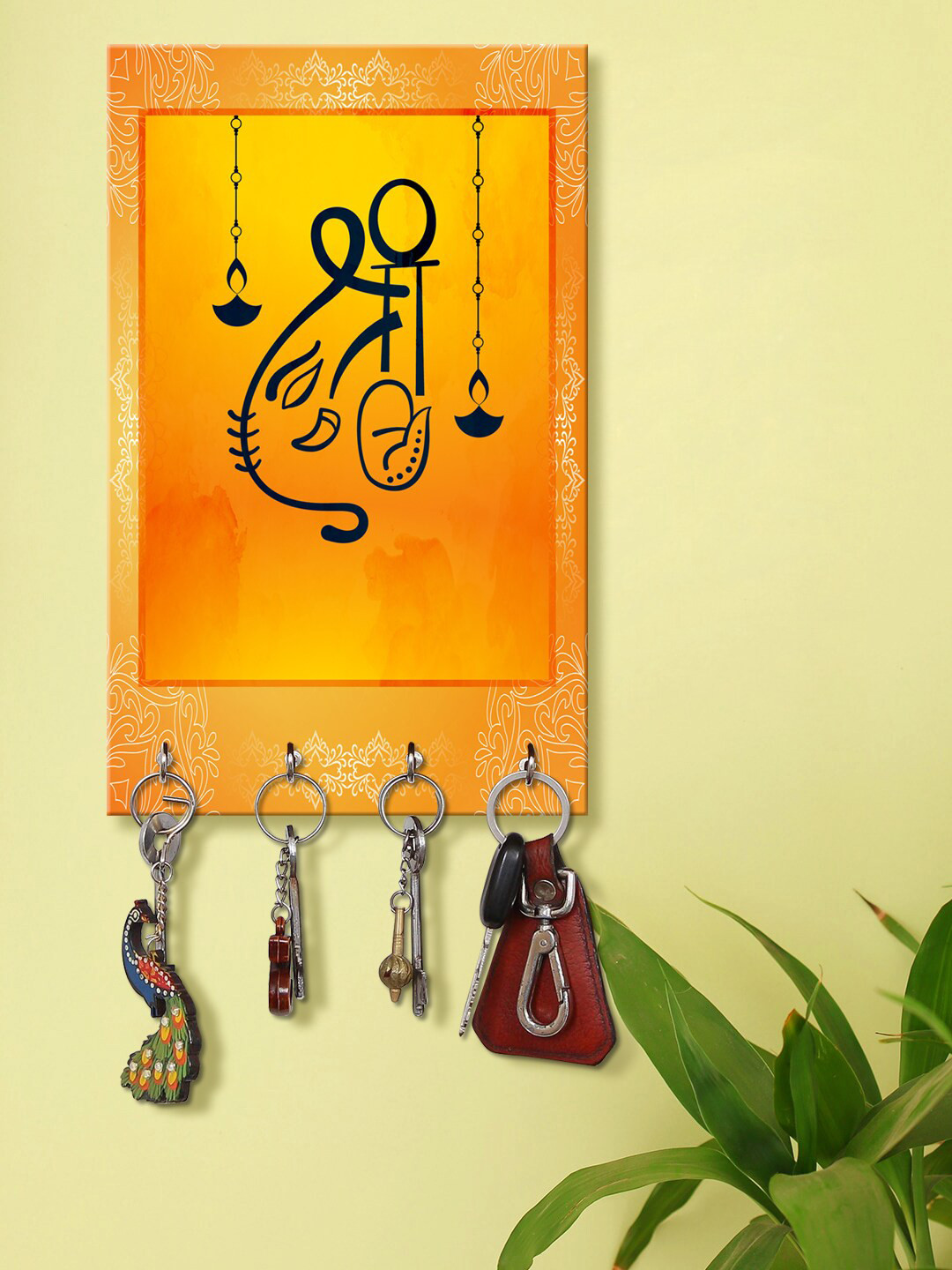 999Store Yellow & Black Shri Ganeshay Pattern Wooden Keyholder
