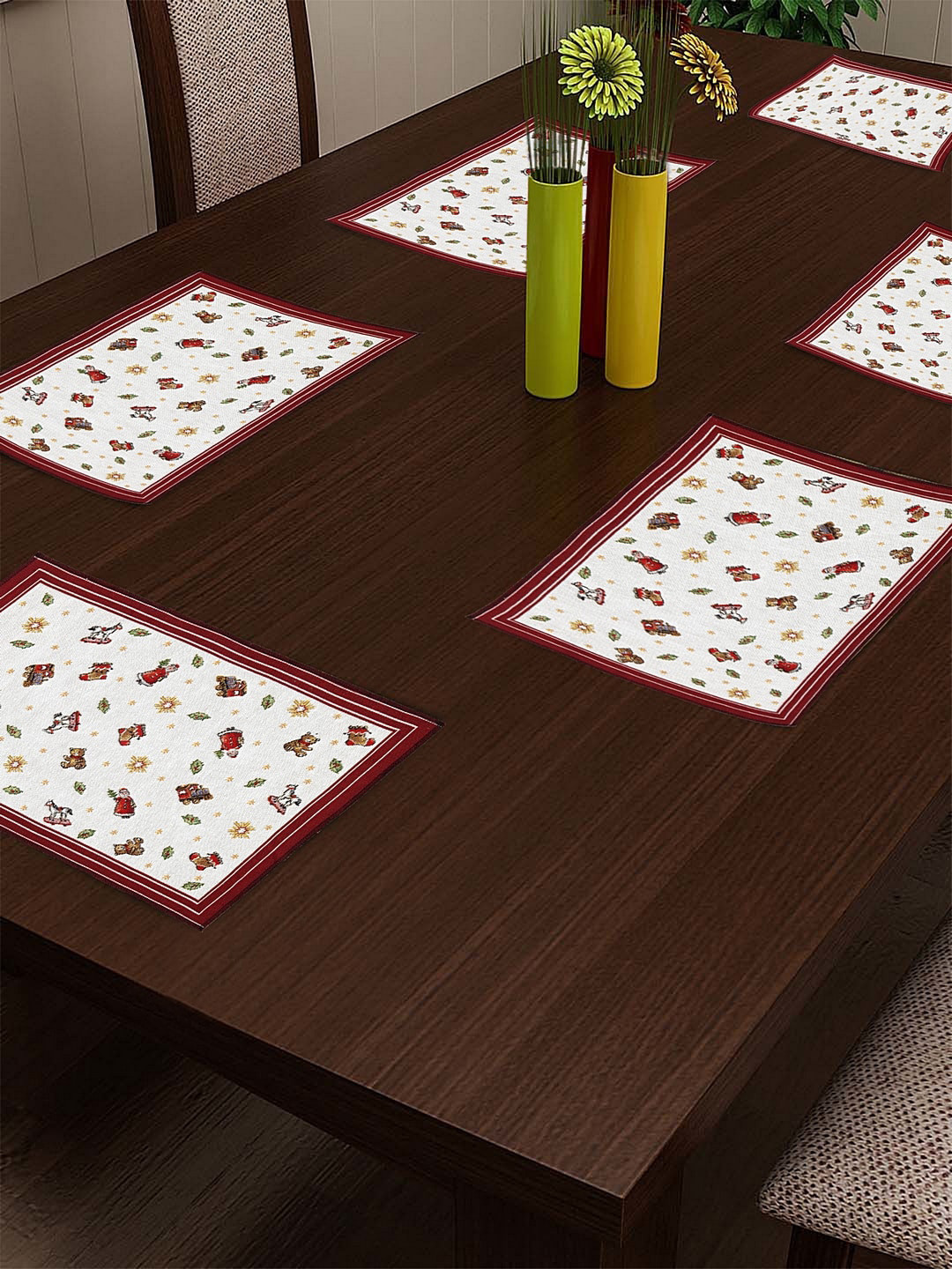 KLOTTHE Set of 6 White & Maroon Woven Design Rectangular Table Placemats