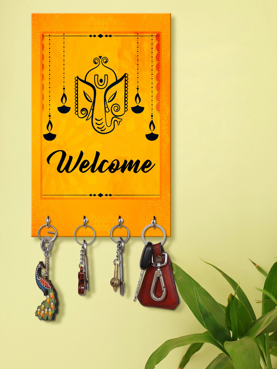 999Store Yellow & Black Ganesha Face With Welcome Wooden Keyholder