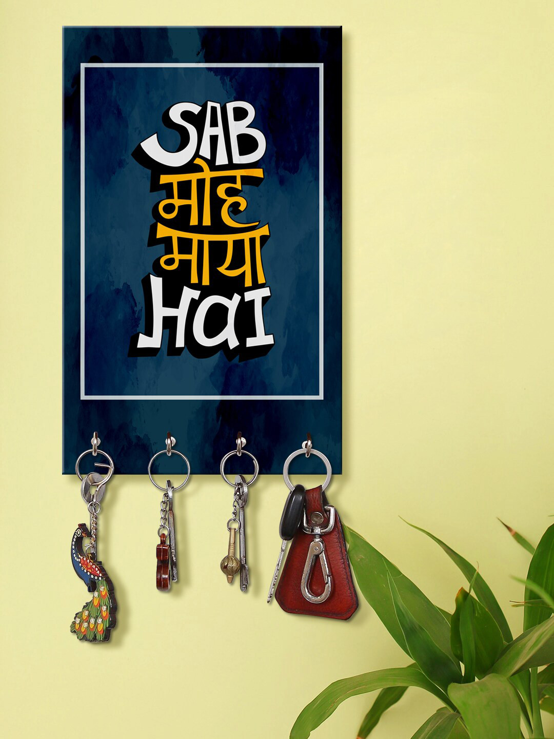 999Store Navy Blue & White Sab Moh Maya Hai Printed Wall Hanging Key Holder