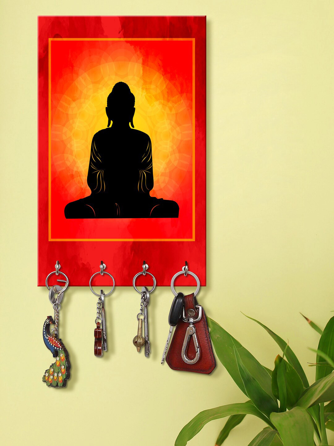 999Store Yellow & Red Buddha Pattern Wall Hanging Key Holder