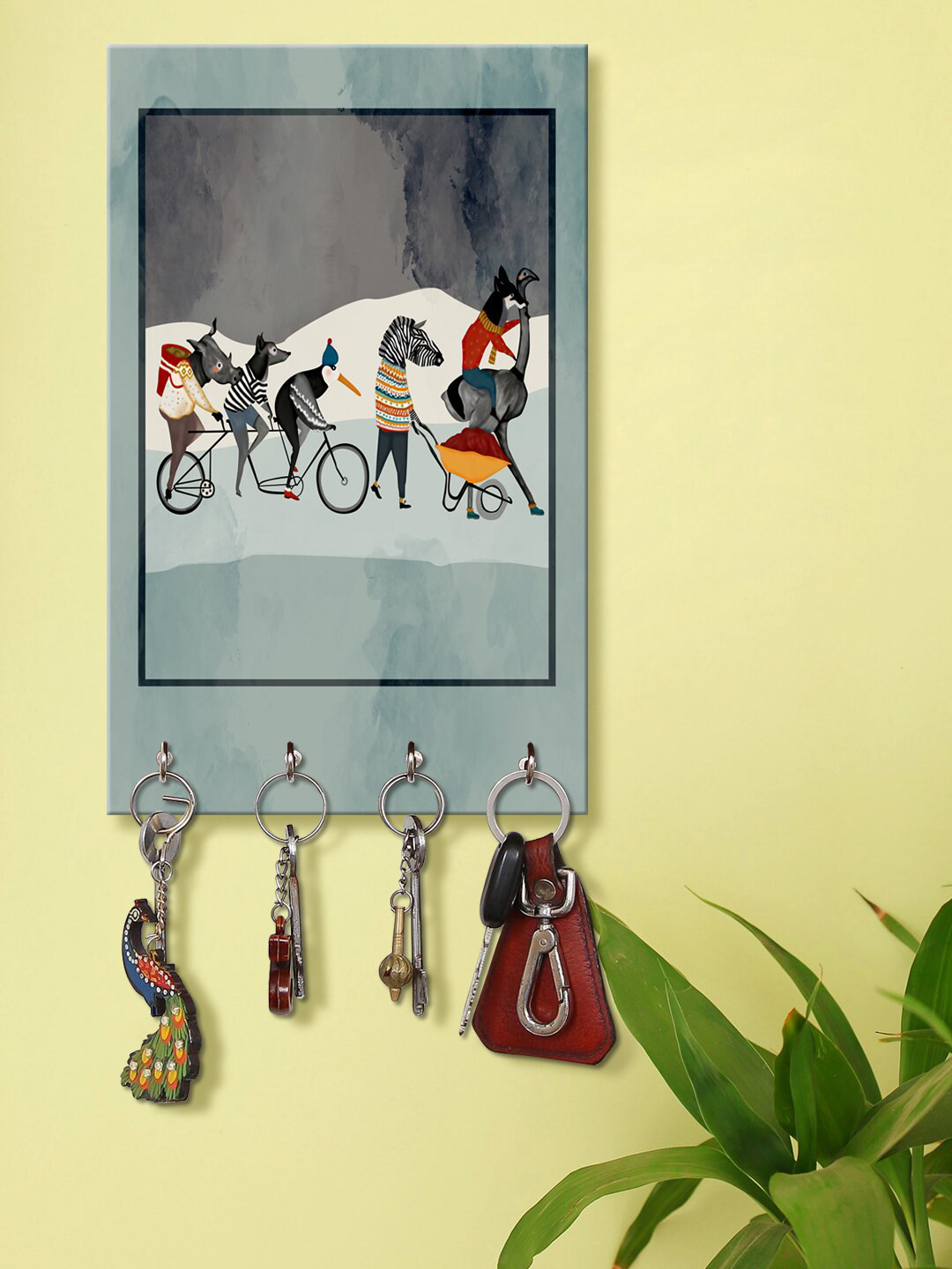 999Store Grey & Black Cycling Animals Printed Wooden Key Holder
