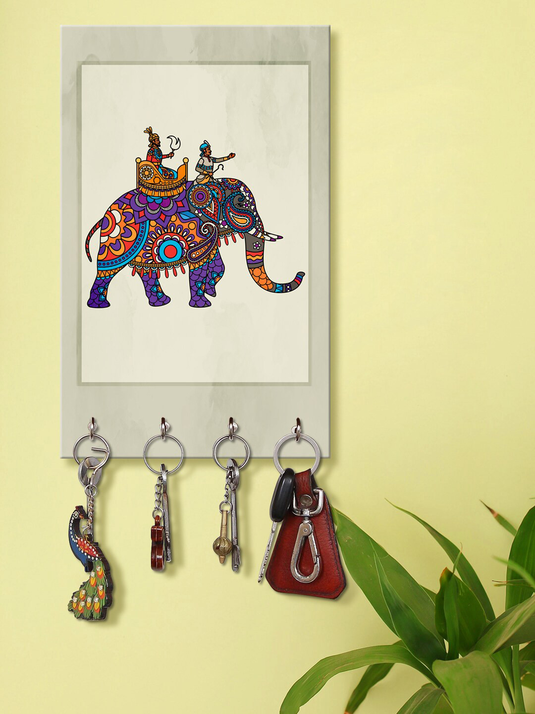 999Store White & Purple Decorative Elephant Wall Mount Wooden Keyholder