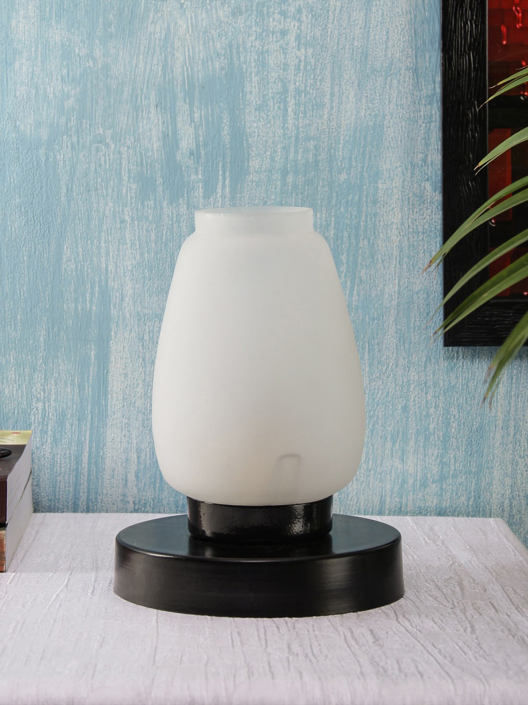 Devansh White & Black Solid Frosted Contemporary Table Lamp With Glass Shade