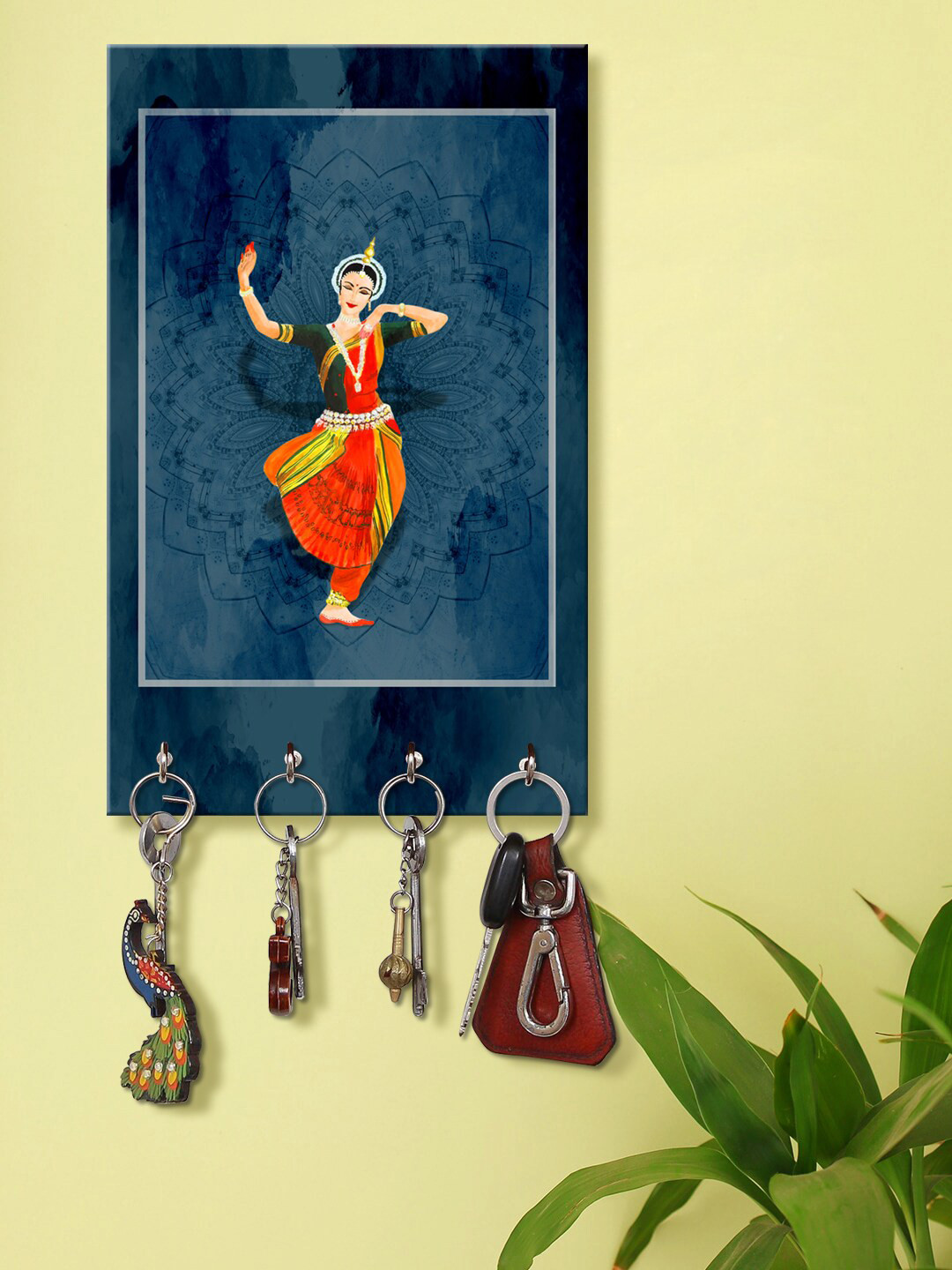 999Store Navy Blue & Orange Bharatnatyam Indian Women Pattern Wall Hanging Key Holder