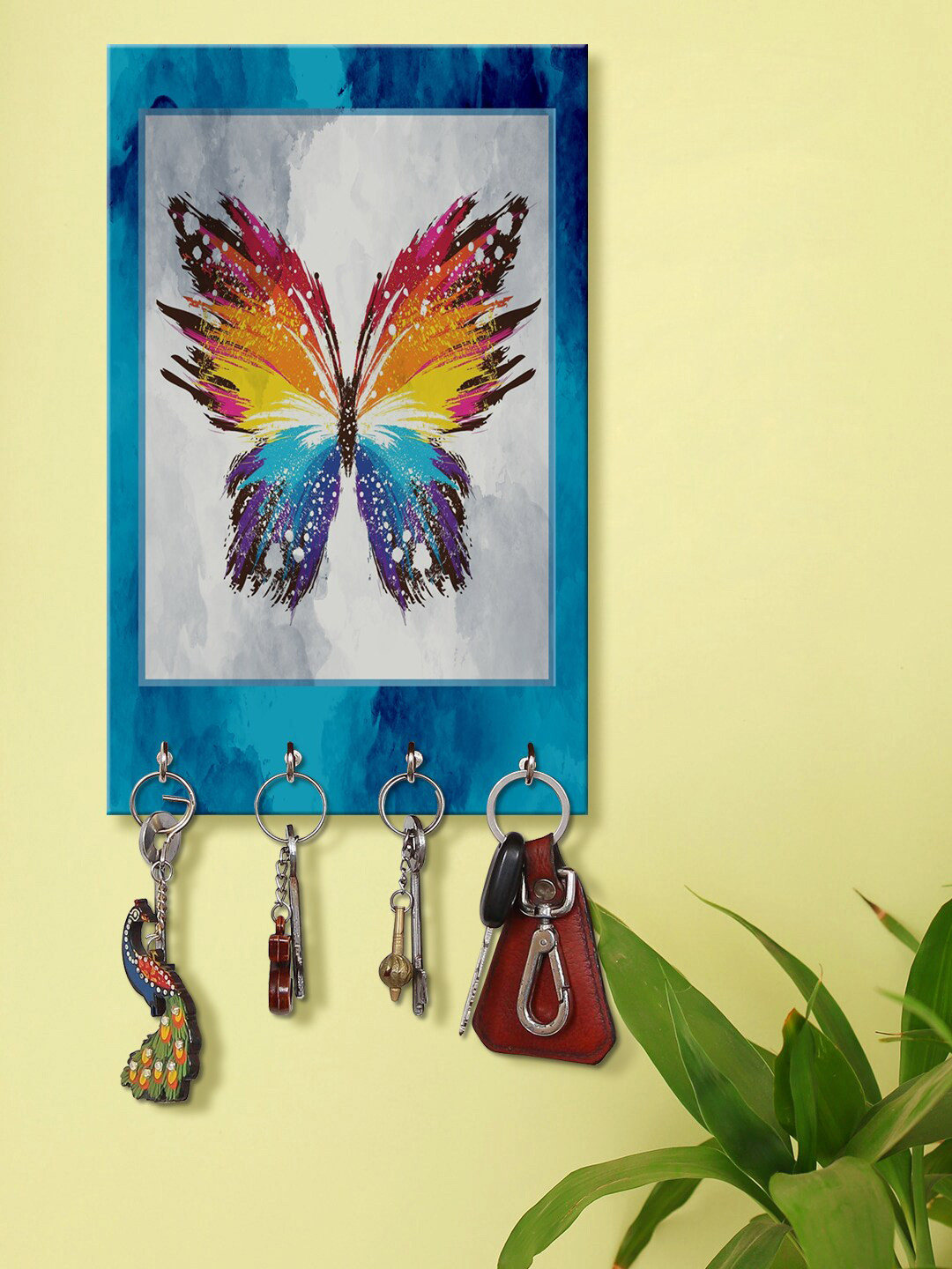 999Store Blue & Pink Butterfly Pattern Wooden Keyholder