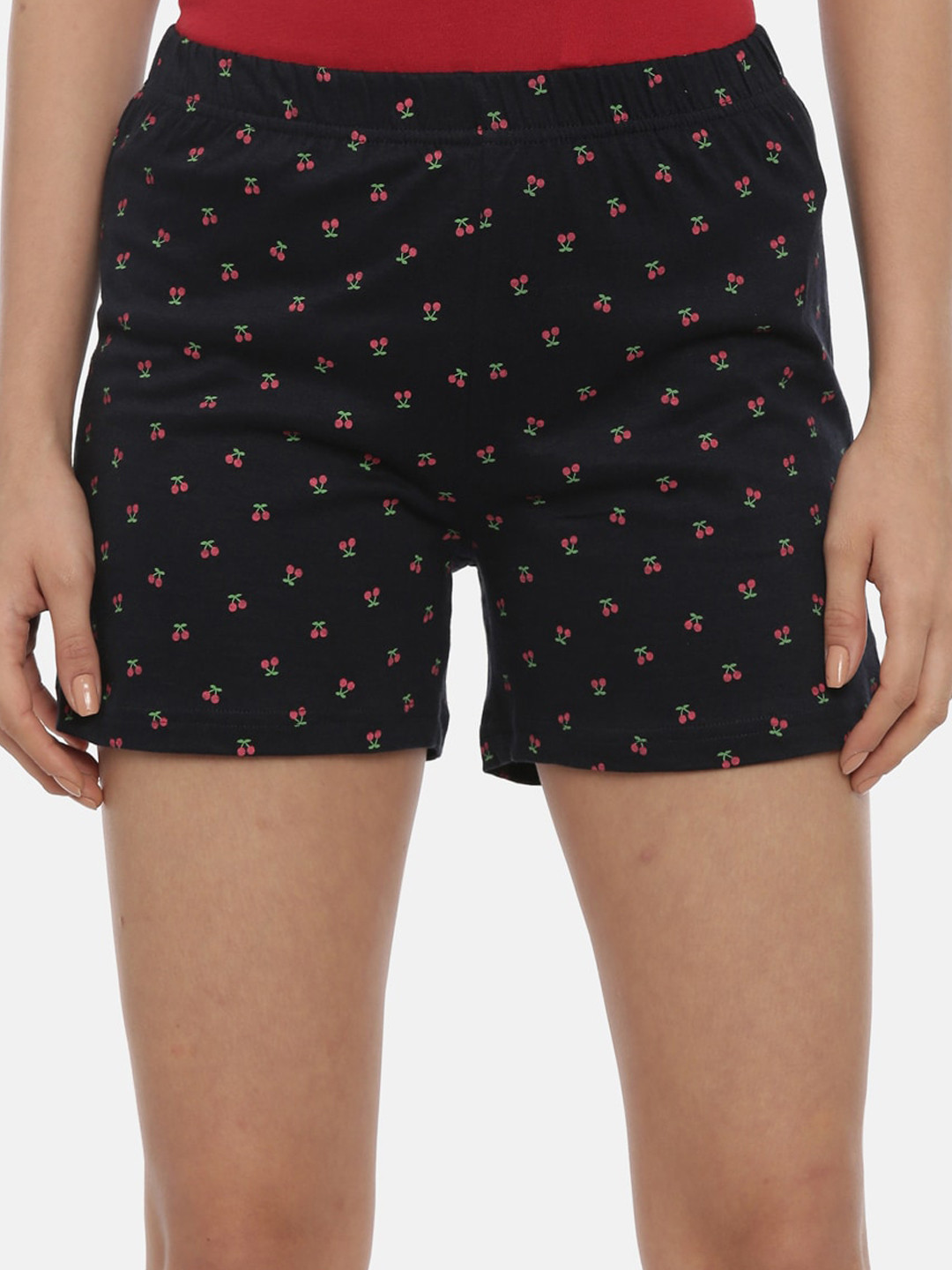 Curare Women Navy Blue Printed Cotton Lounge Shorts