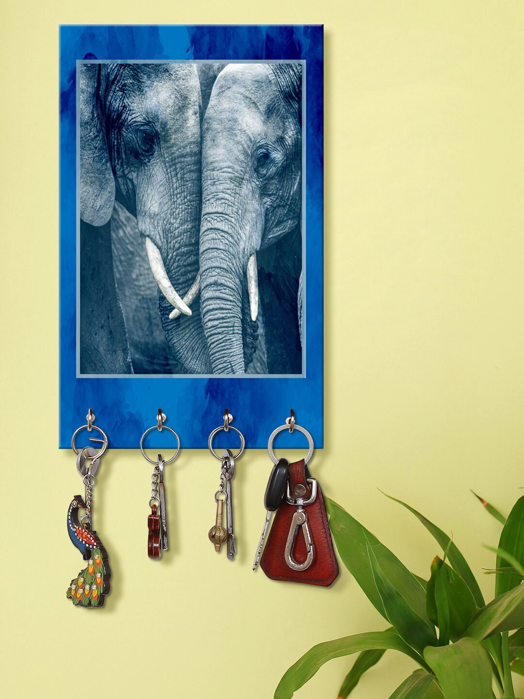 999Store Blue & Grey Elephant Face Printed Wall Hanging Key Holder