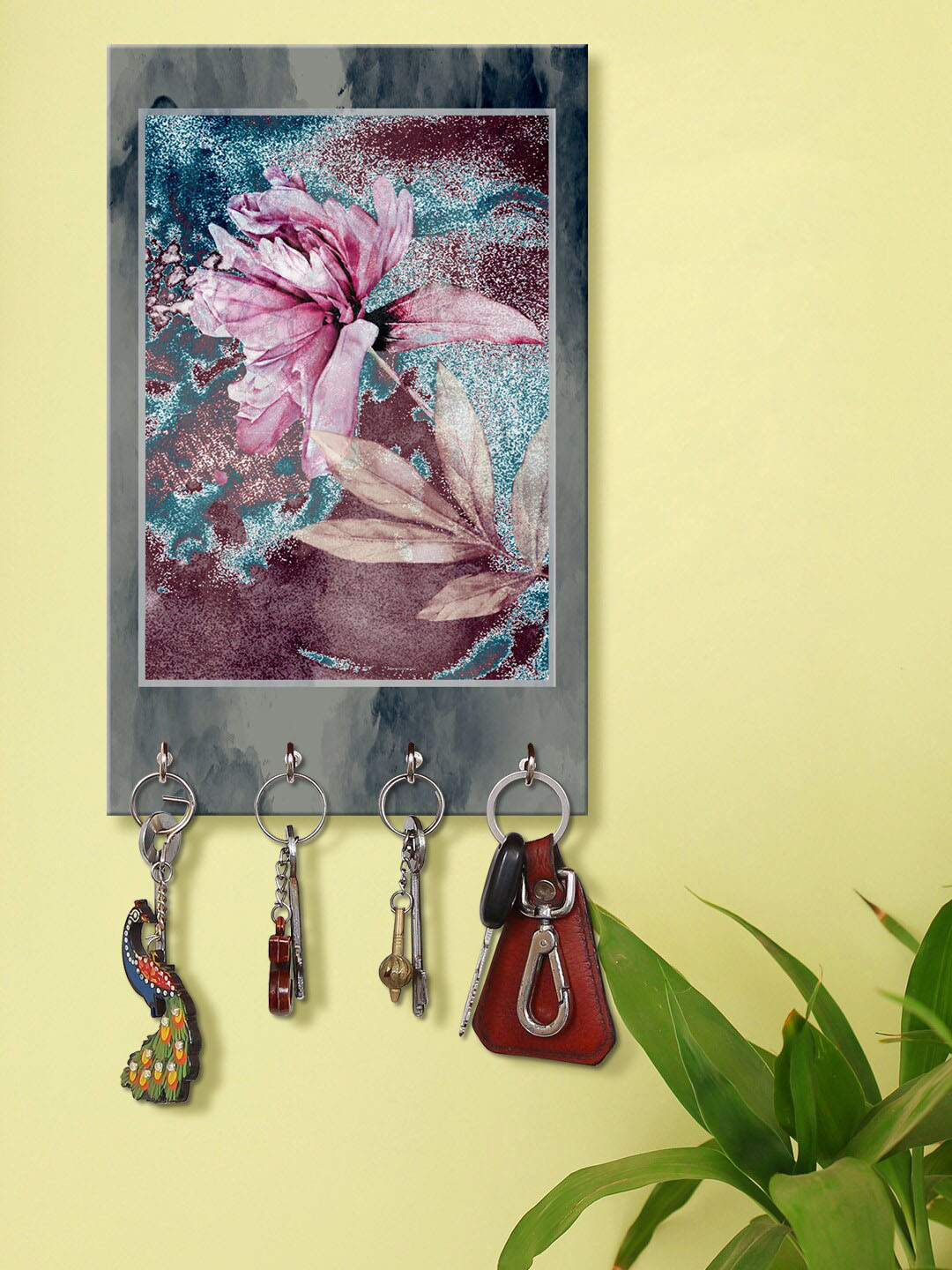 999Store Pink & Grey Aster Flower Pattern Wall Hanging Key Holder