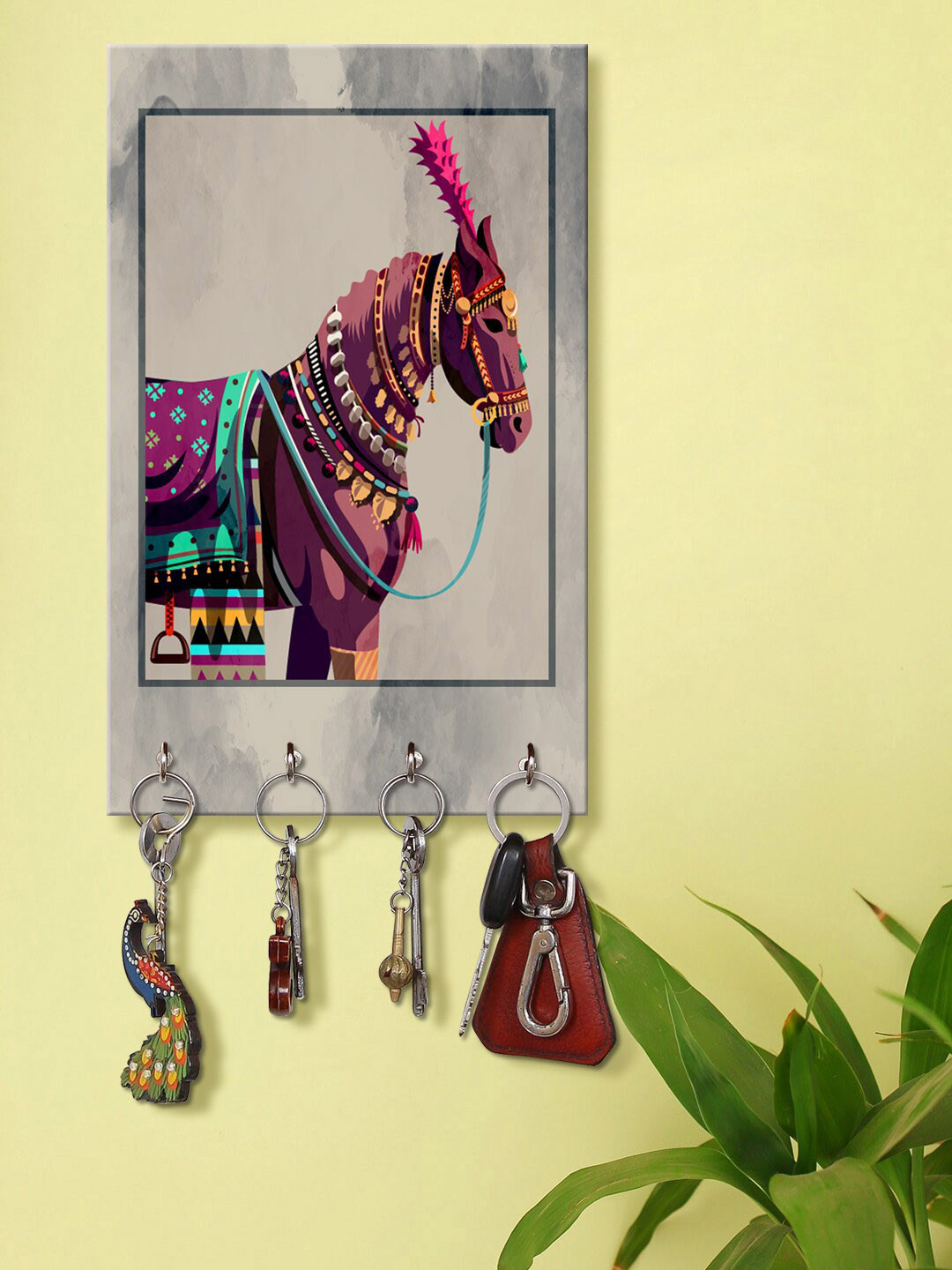 999Store Purple & Grey Decorative Horse Printed Wooden Key Holder