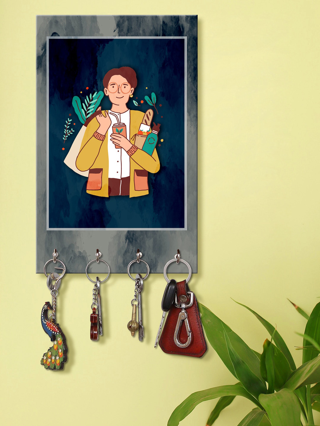 999Store Yellow & Grey Men Ready To Picnic Pattern Key Holder